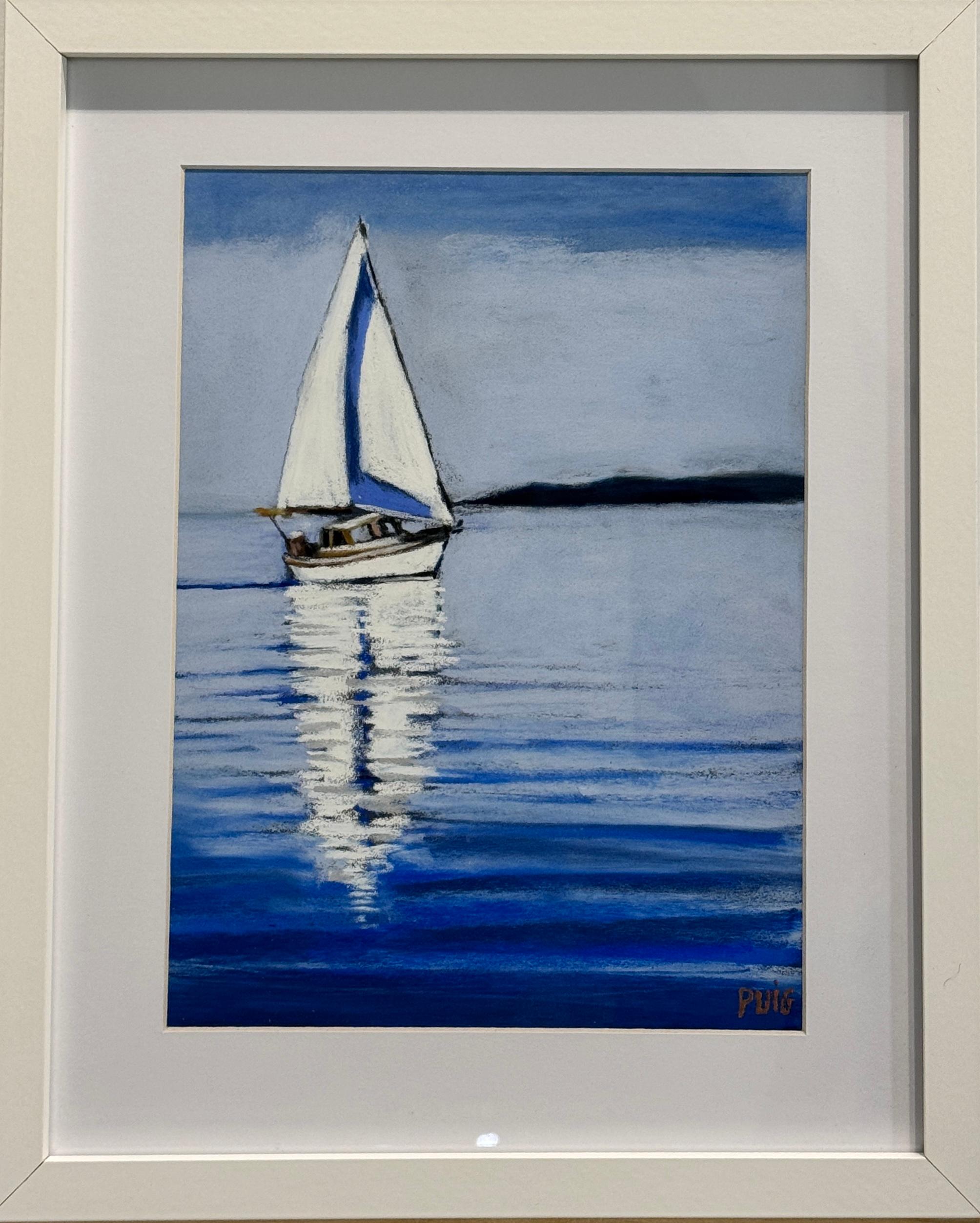 Ihr Ziel war es, die Essenz eines schwebenden Moments auf dem Meer einzufangen, wo Stille, Licht und Freiheit in einfacher, ausgewogener Harmonie zusammenkommen.
Die vielschichtigen Blautöne spiegeln die Unermesslichkeit und Ruhe des Wassers wider,