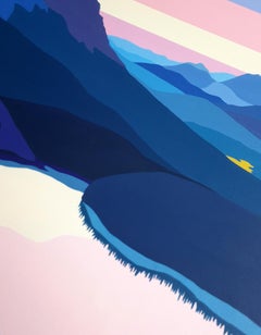 Blue Mountains & Pink Lake, Neo-Constructivist Acrylic on Wood Panel