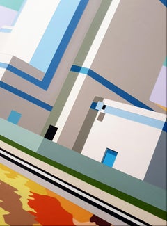 Northern Factory & Orange Sunset: Figurative acrylic paint on wood panel