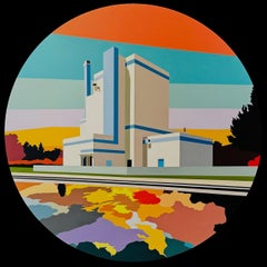 Northern Factory & Orange Sunset: Figurative acrylic paint on wood panel