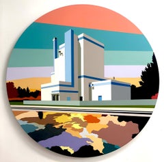 Usine du Nord et coucher de soleil orange : Peinture acrylique figurative sur panneau de bois.