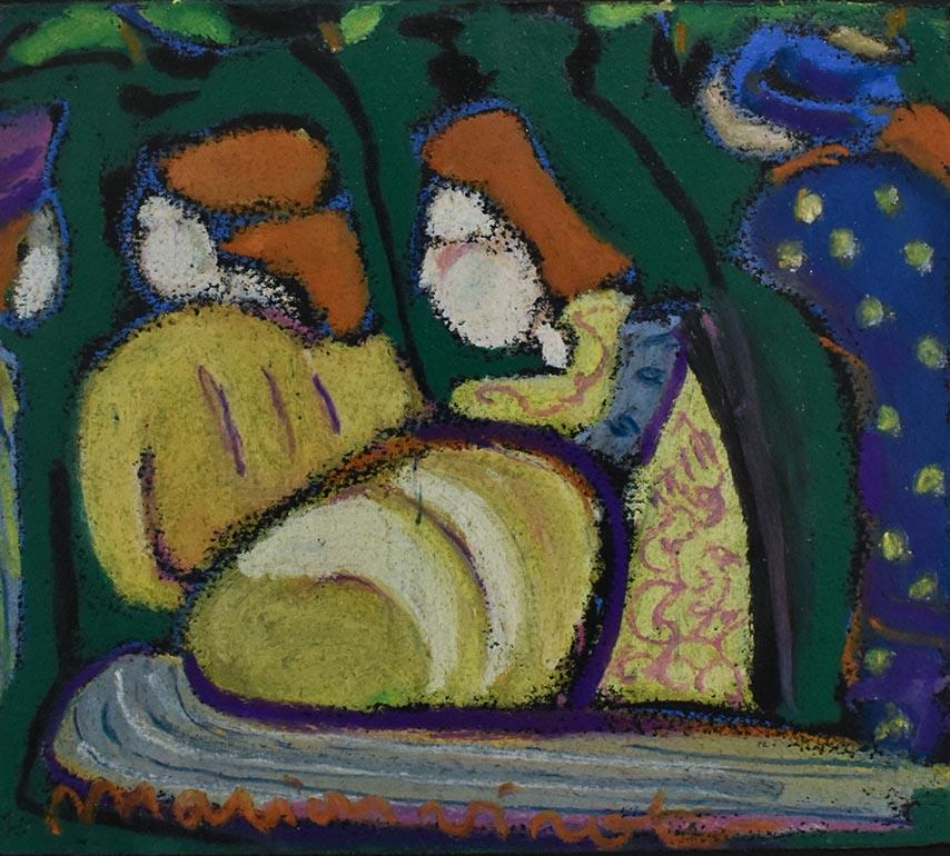 Marion Vinot Figurative Painting - Go Tell Him She Loves Him and He Loves Them (Oil Pastel of Four Figures)