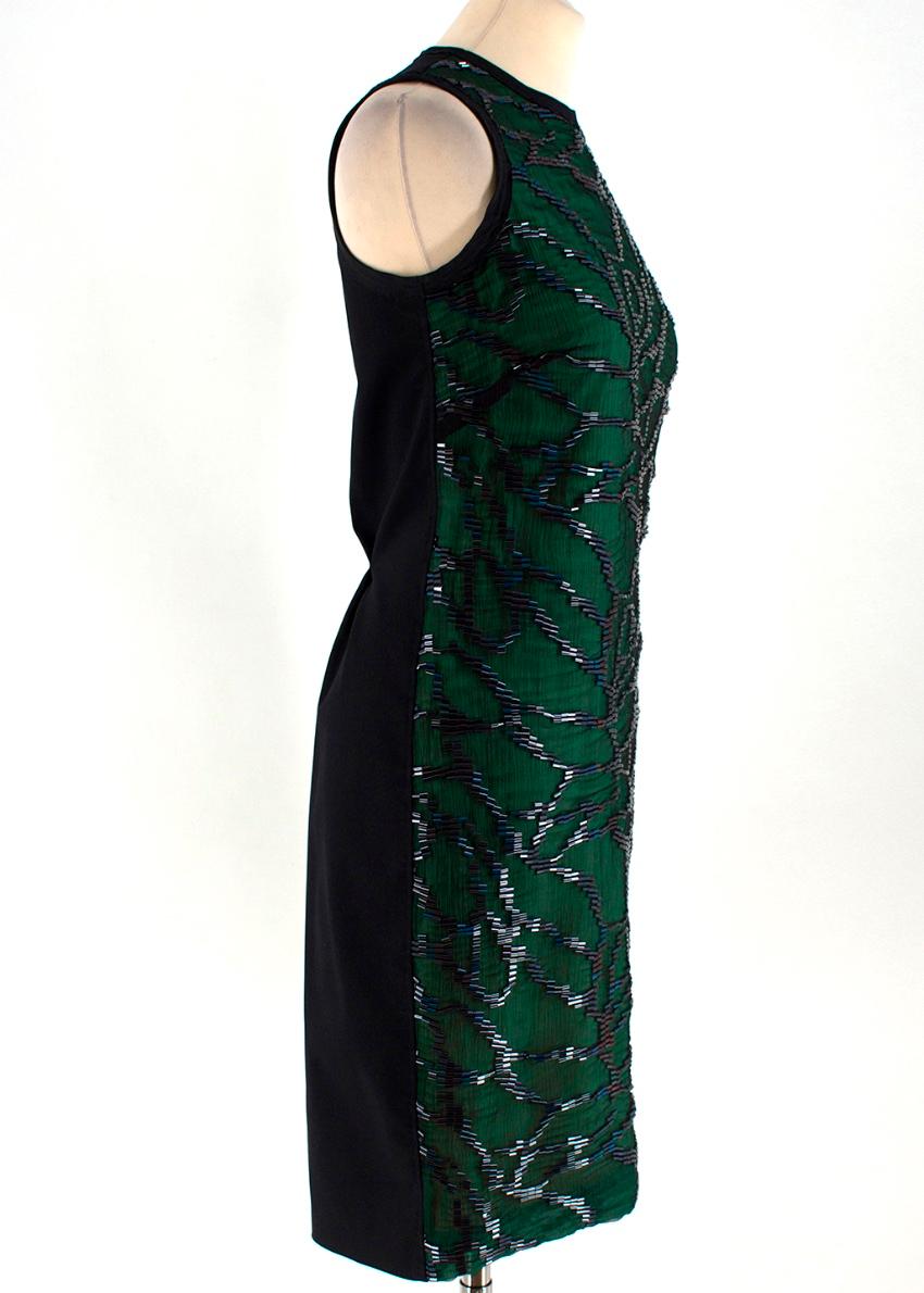 Marios Schwab Silk Green and Black Bead Embellished Dress

- 100% silk
- Gold silk lining
- Bead embellished on the front 
- Concealed zip and hook fastening at the back
- Sleeveless
- Seamed at back waist
- Back slit
- Mid-length
- Round neckline
-