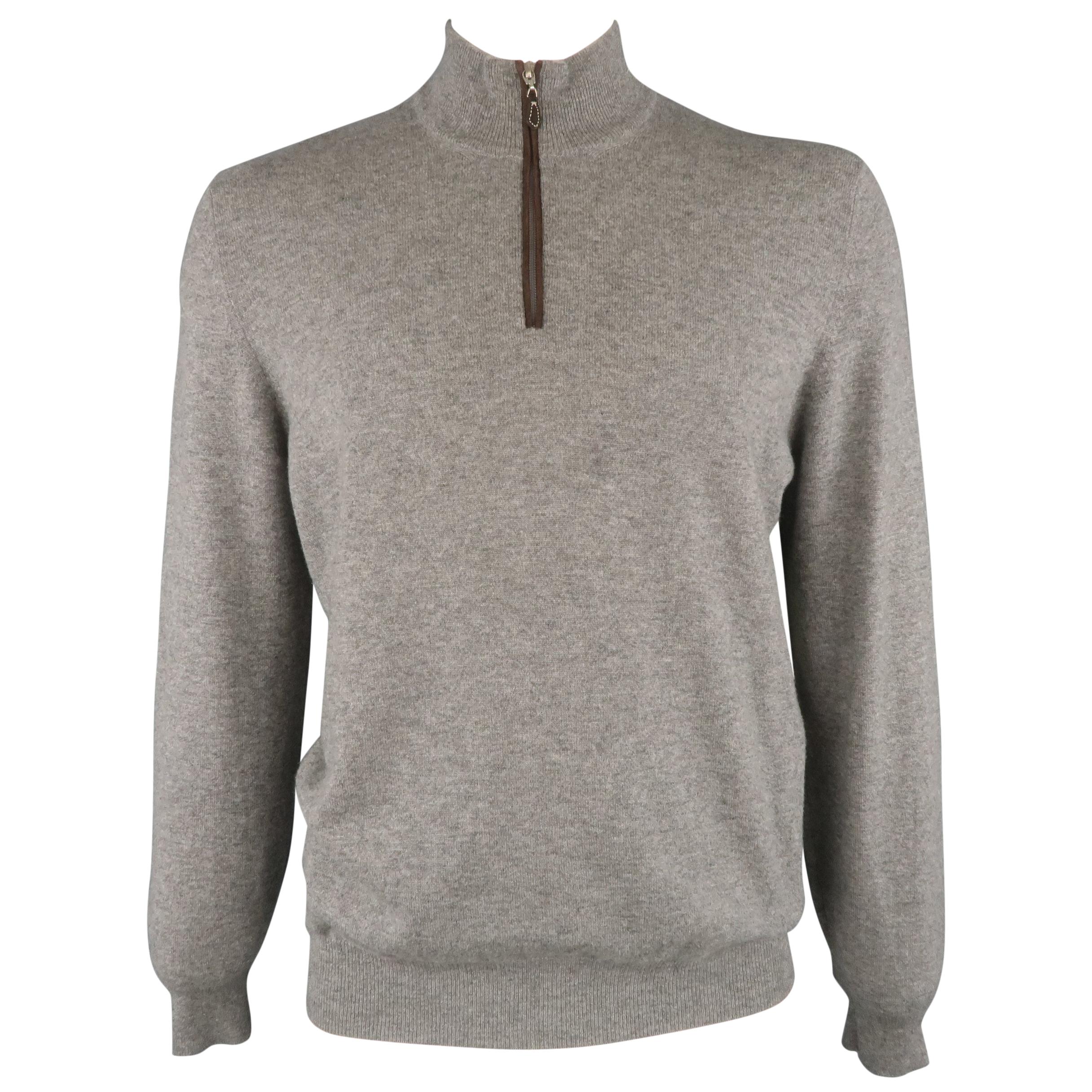 MARIO'S Size XL Heather Grey Cashmere Zip Neck Pullover Sweater