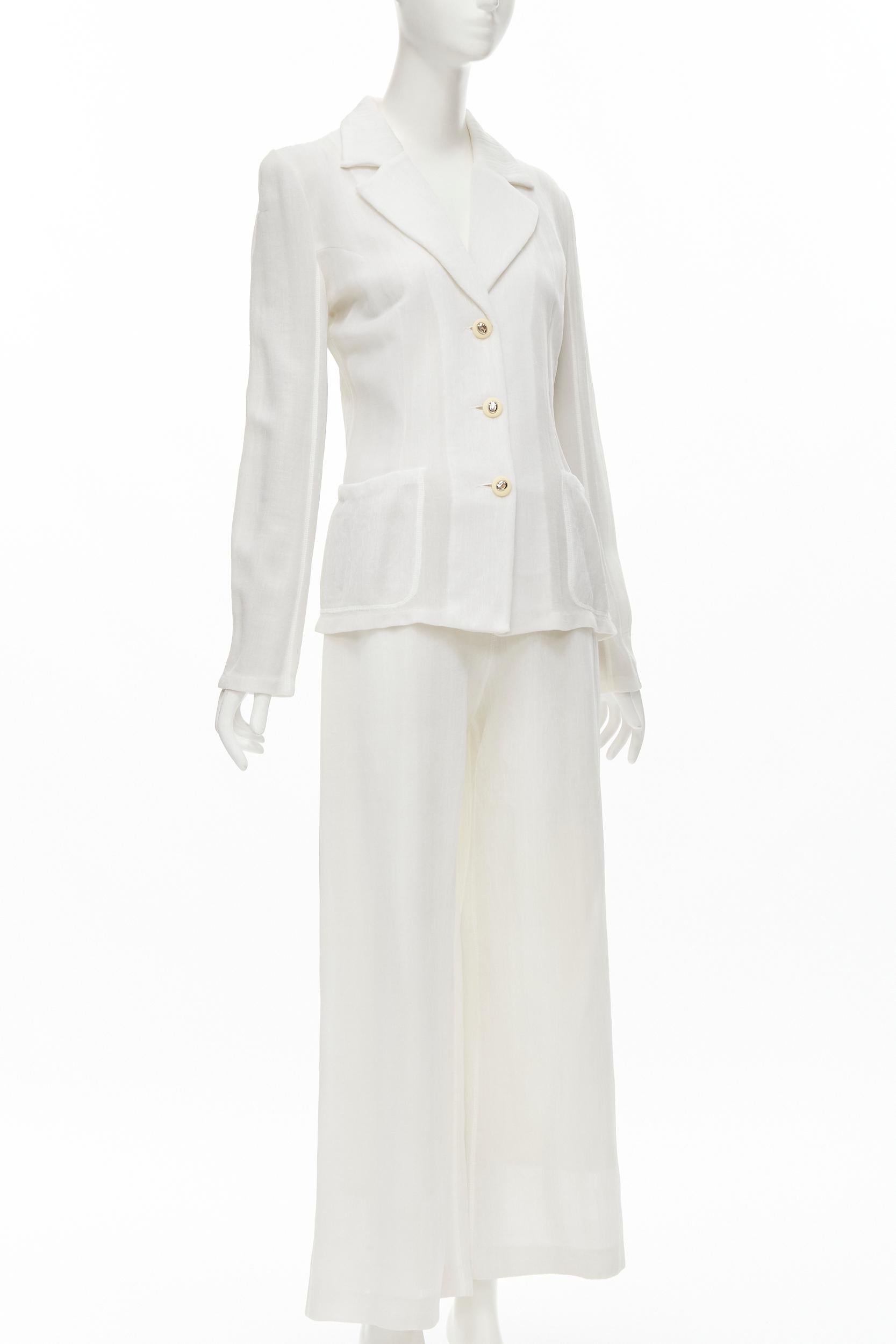 Grigio MARIOT CHANET white textured logo button fitted blazer wide leg pants IT42 M in vendita