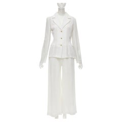 MARIOT CHANET white textured logo button fitted blazer wide leg pants IT42 M