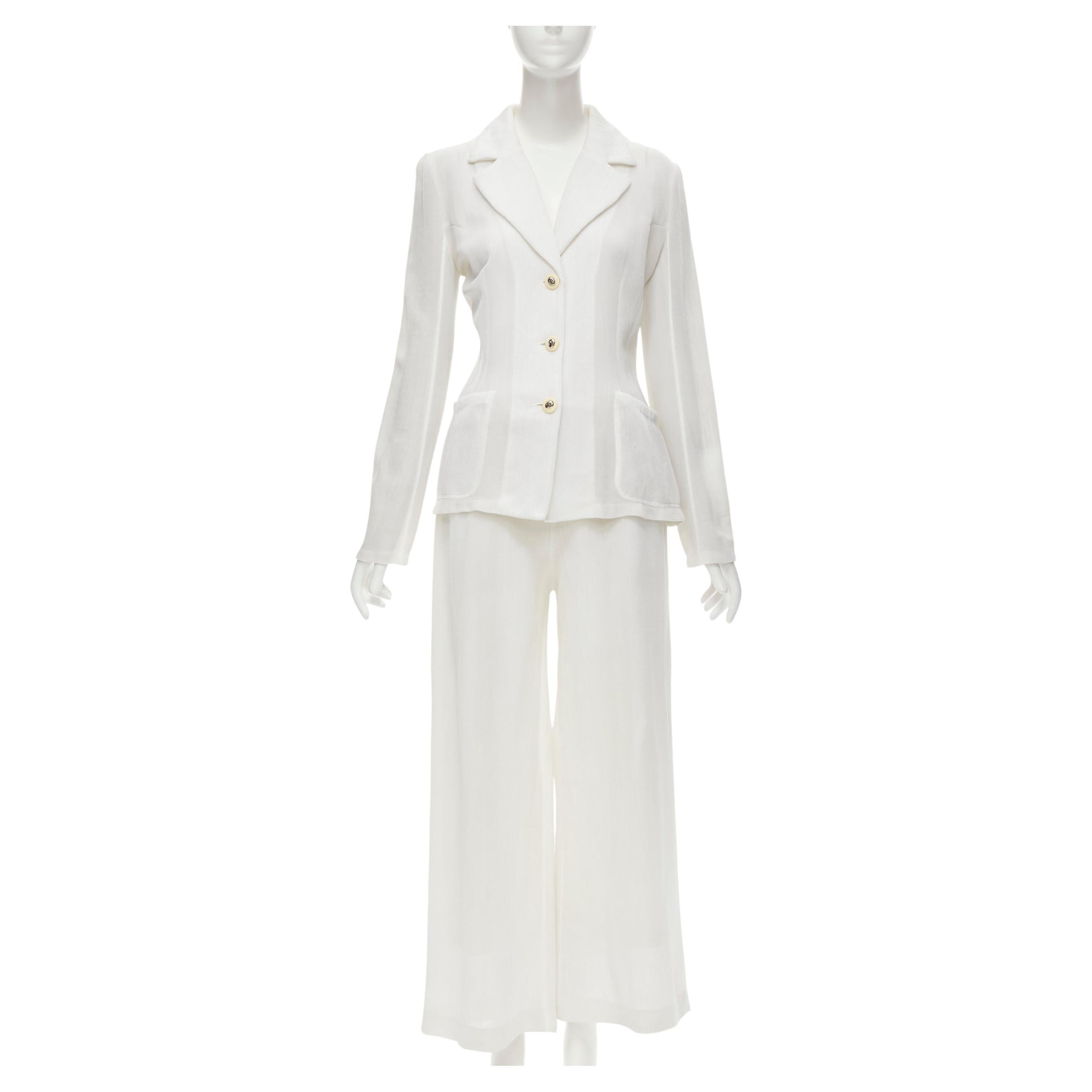 MARIOT CHANET white textured logo button fitted blazer wide leg pants IT42 M For Sale