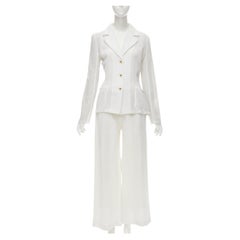 MARIOT CHANET white textured logo button fitted blazer wide leg pants IT42 M