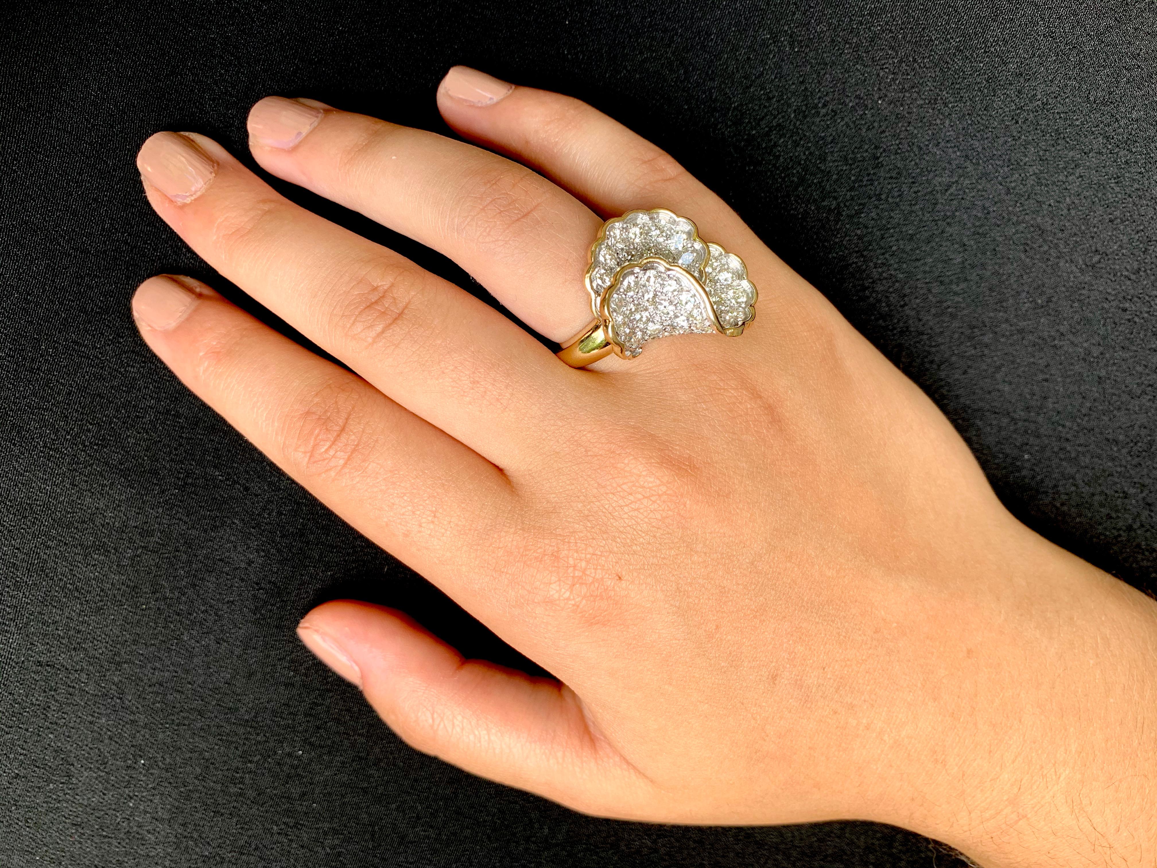 Substantial, very fine quality 3 TCW Pave diamond, 14k yellow and white gold Pansy ring.
In the language of flowers, Pansies, or Heartsease are rich in symbolism. The Pansy is a play on the French word Pensee, meaning 