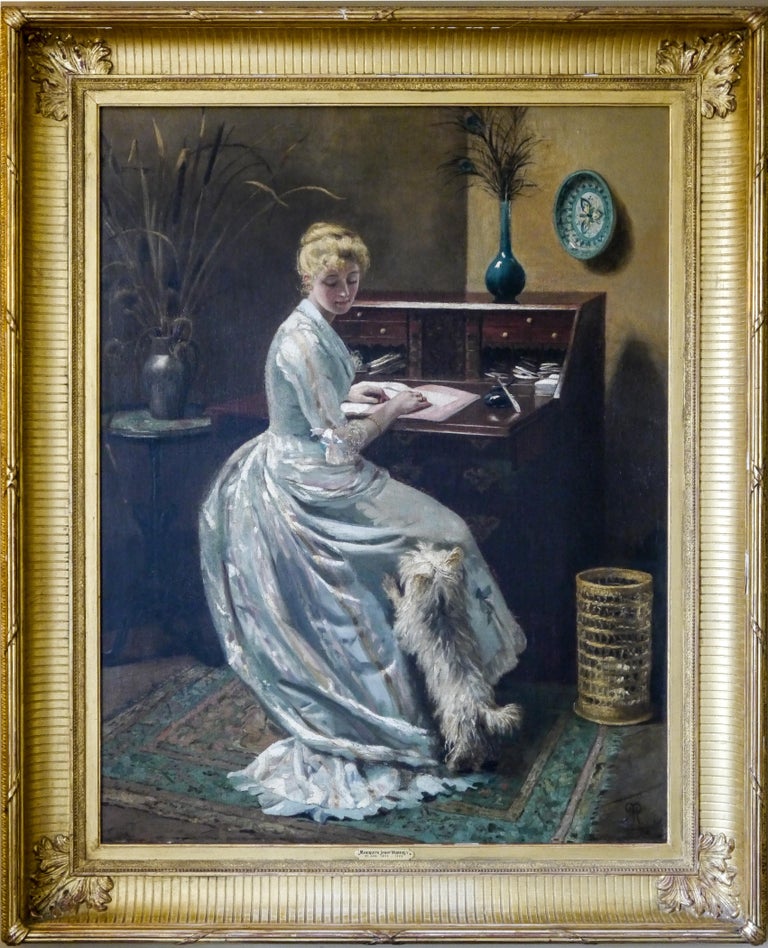 Mariquita Jenny Moberly Animal Painting - 'An Interruption', An elegant lady with her Highland Terrier