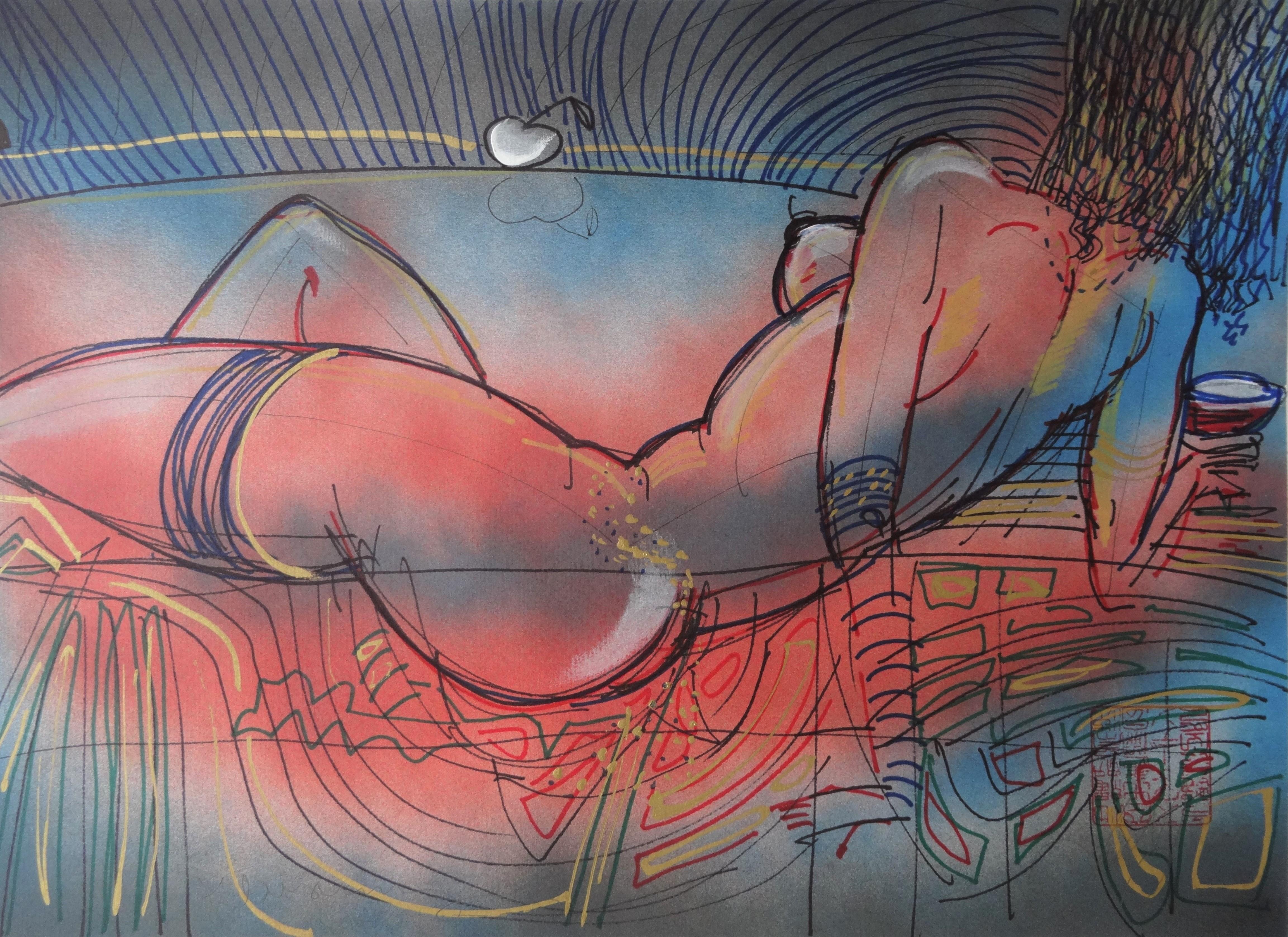 Maris Abilevs  Nude Painting - Apple of Eden. 2018. Paper, mixed media, 38x50 cm