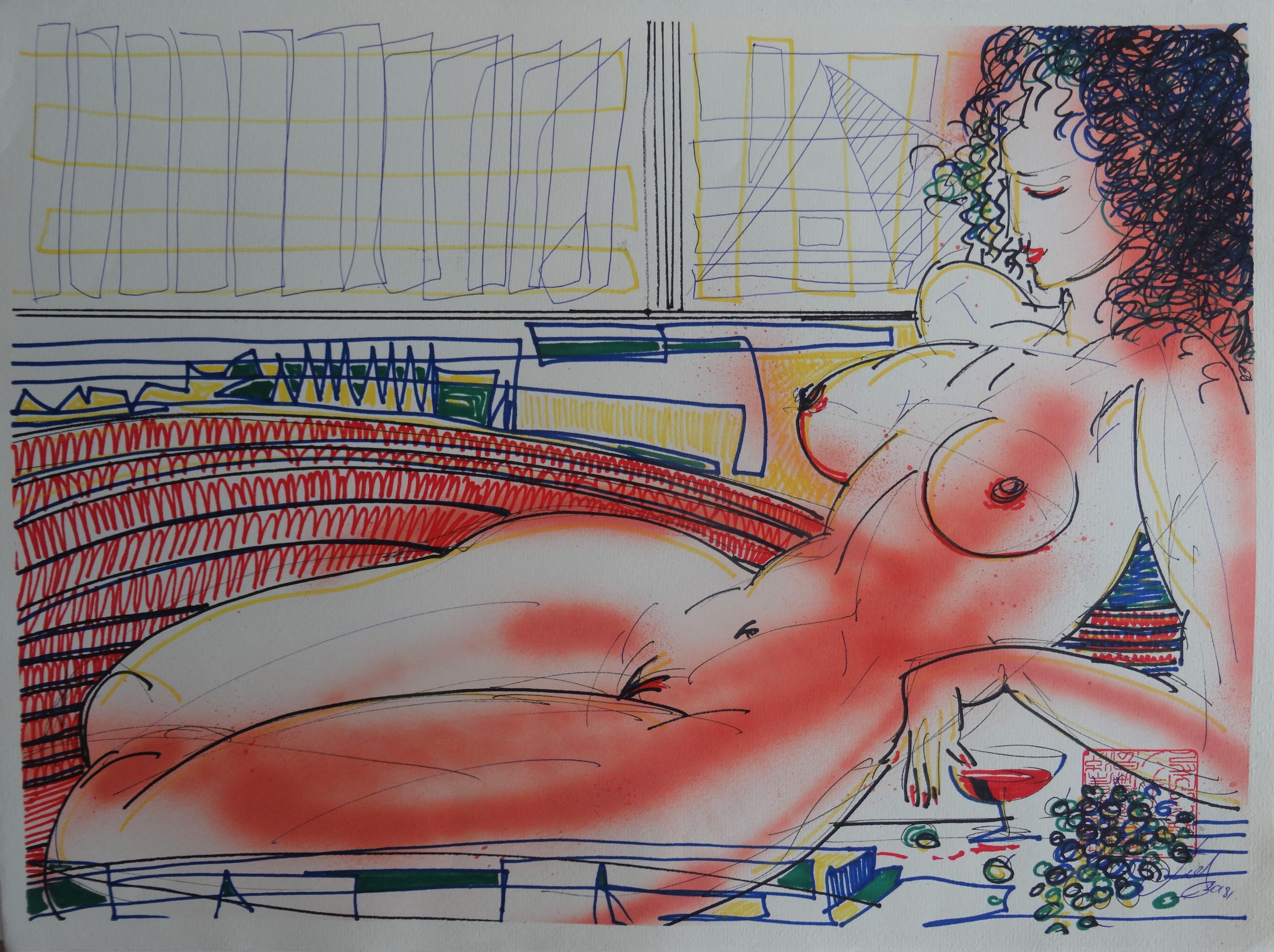 Maris Abilevs  Nude Painting - Cosmopolitan. 2018. Paper, mixed media, 38x50 cm