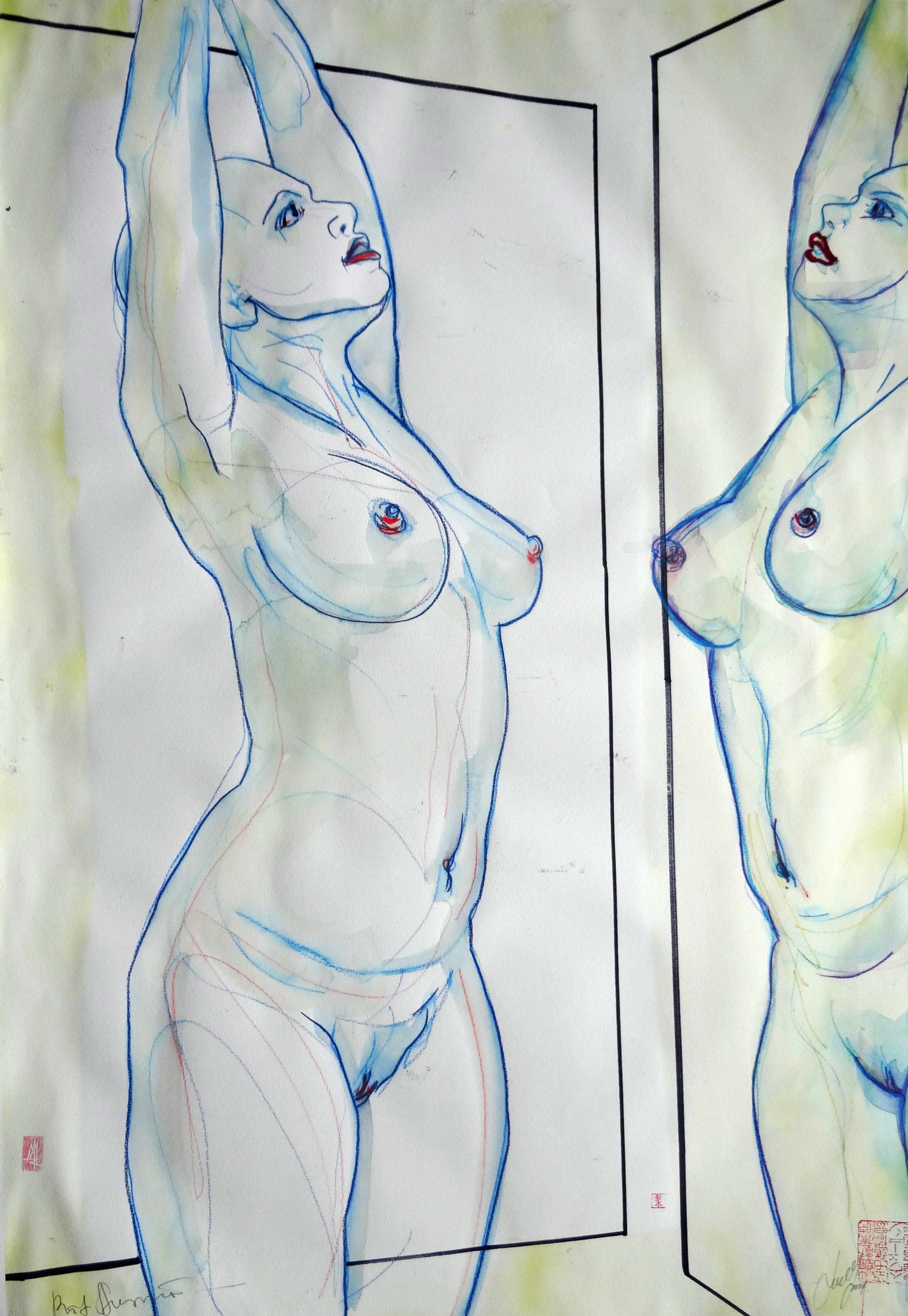 Maris Abilevs  Nude Painting - Reflection. 2021. Paper, mixed media, 97x67 cm