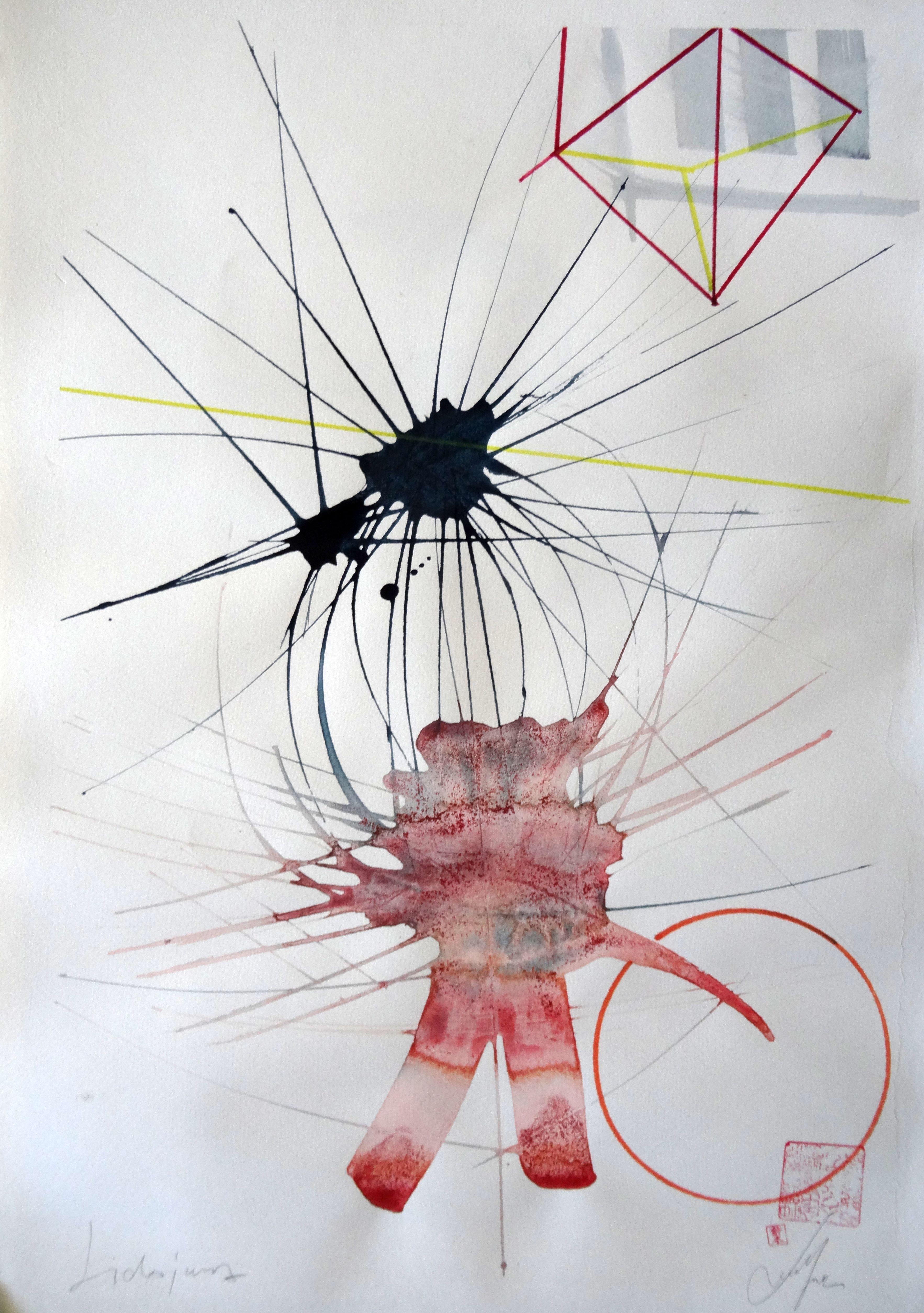 Maris Abilevs  Abstract Painting – Flug. Abstrakte Lichtkomposition. 2020. Papier, Mischtechnik, 70x49 cm