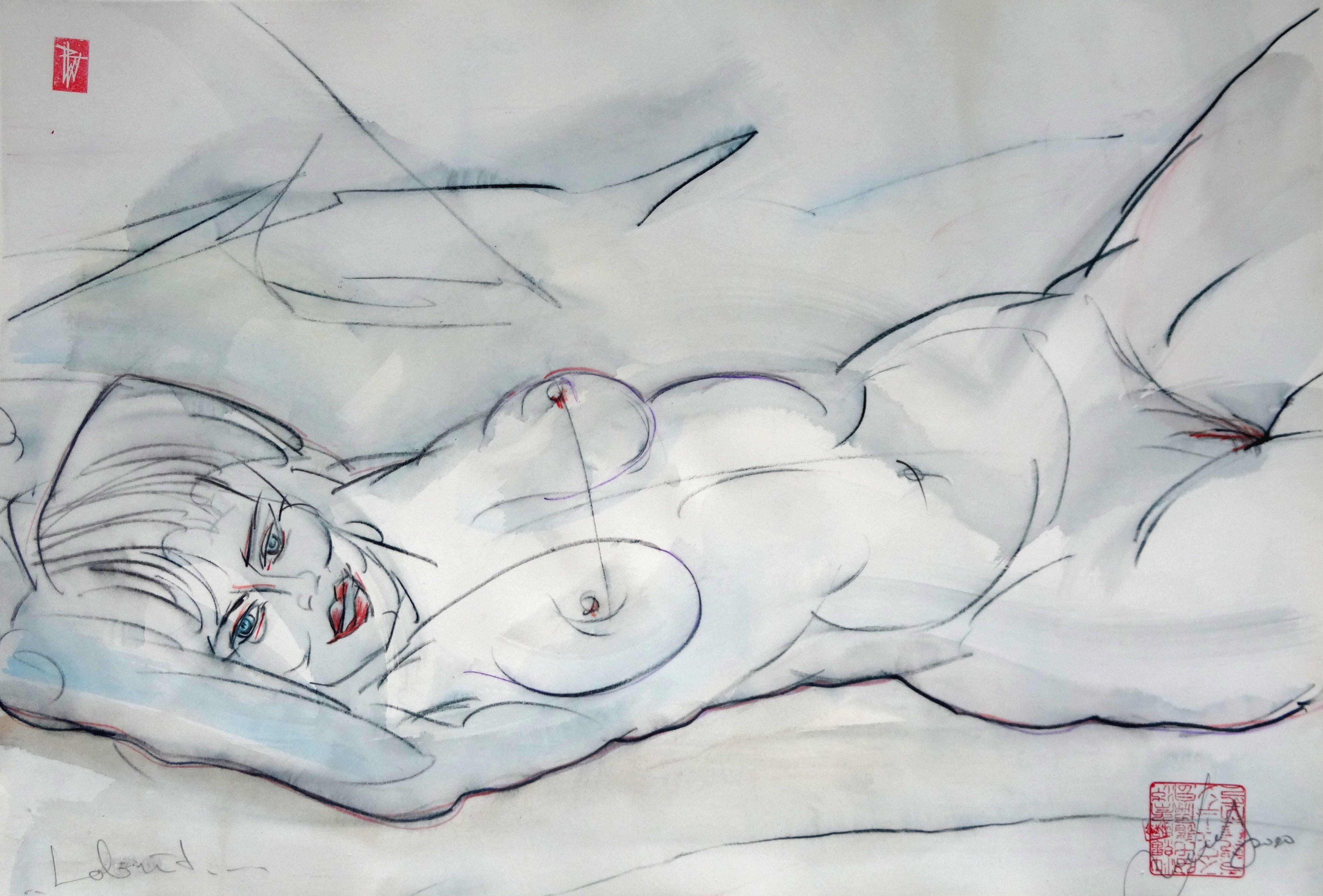 Maris Abilevs  Nude Painting - Good morning. 2021. Paper, mixed media, 43x61 cm
