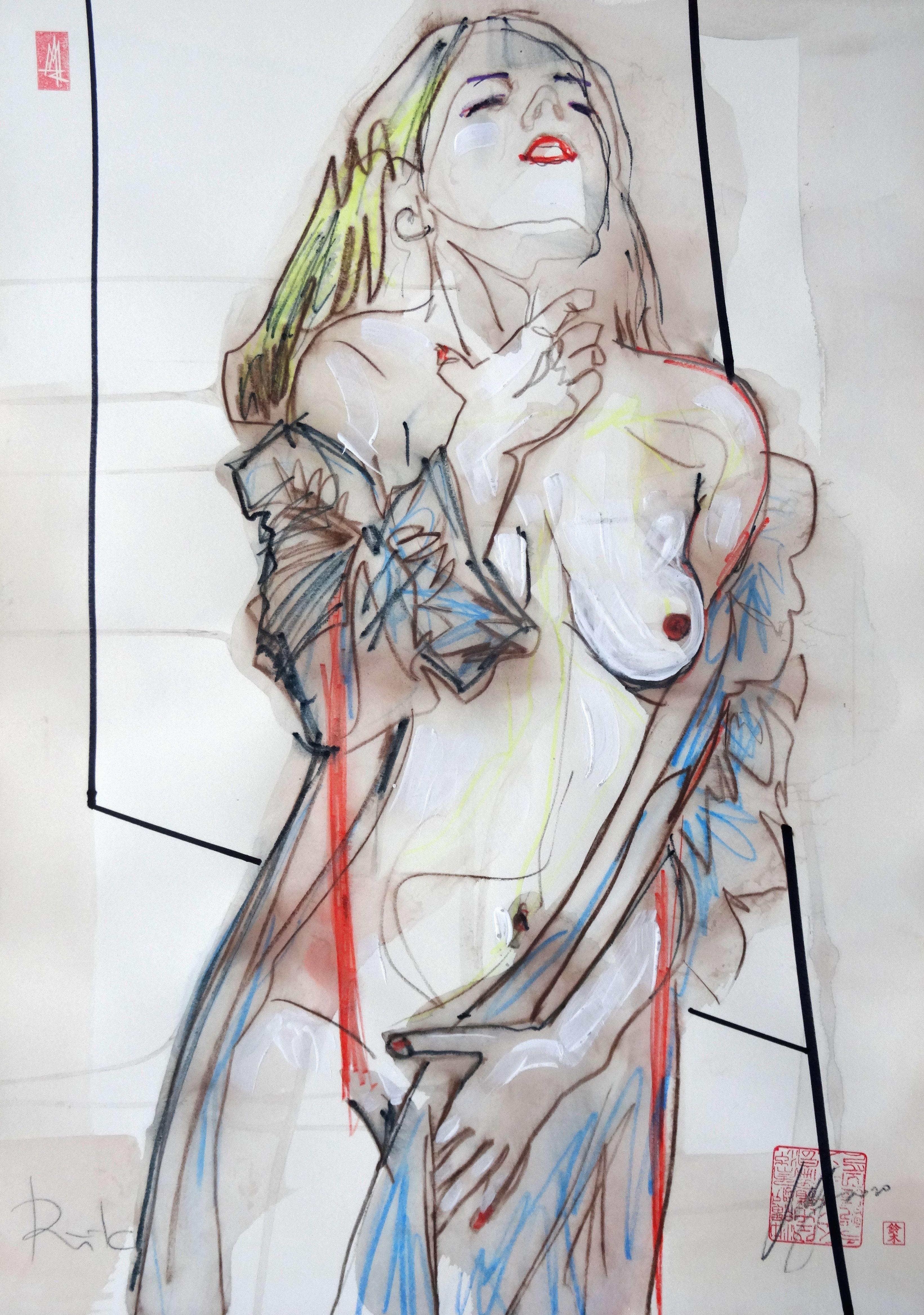 Maris Abilevs  Nude Painting - Morning. 2021. Paper, mixed media, 61x43 cm