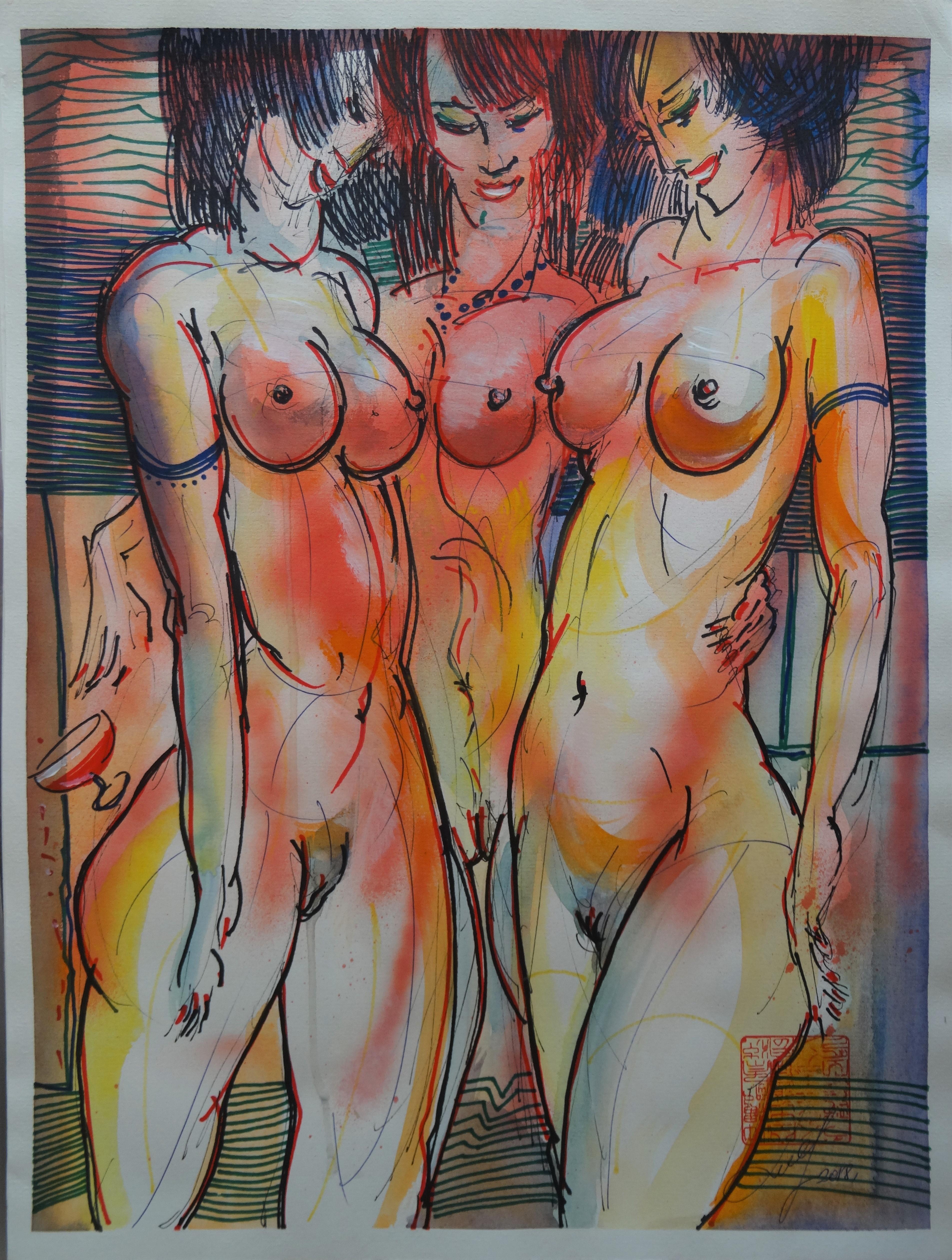 Ninfei. 2018. Carta, tecnica mista, 38x50 cm - Nude Painting Marrone di Maris Abilevs 