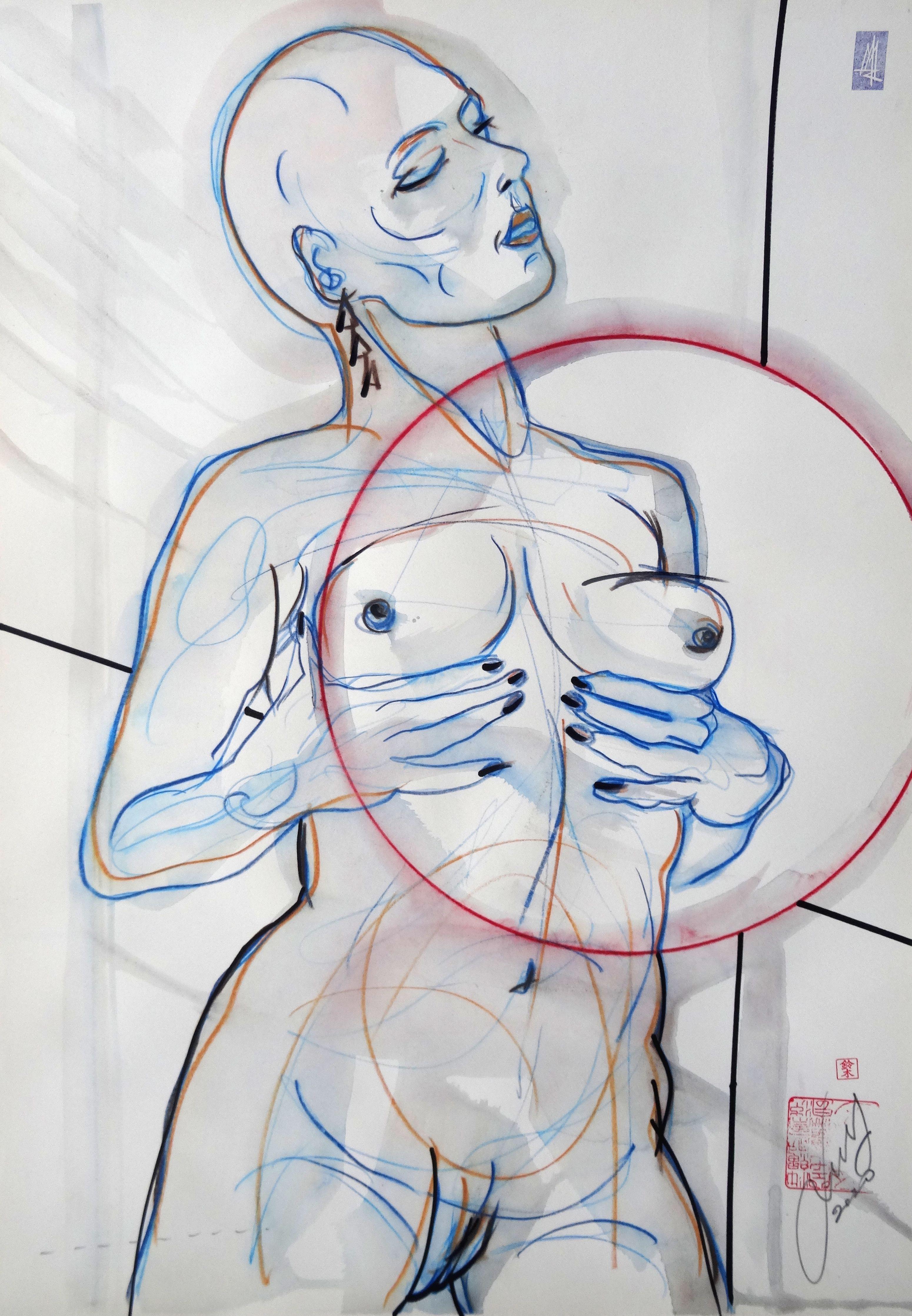 Maris Abilevs  Nude Painting - Spotlight. 2021. Paper, mixed media, 61x43 cm