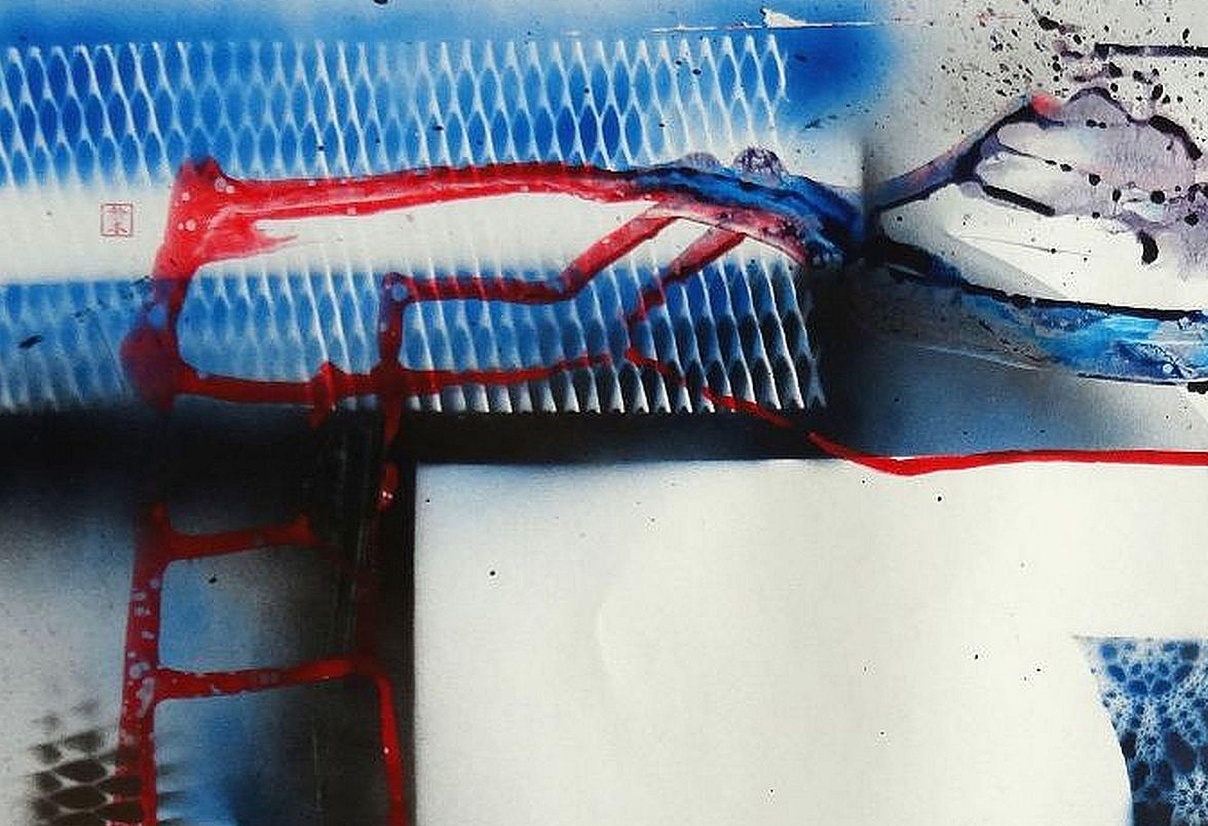 Terracota. 2020. Papel, tinta, técnica mixta, 62x94 cm
Composición abstracta con jarrón en colores azul y gris
