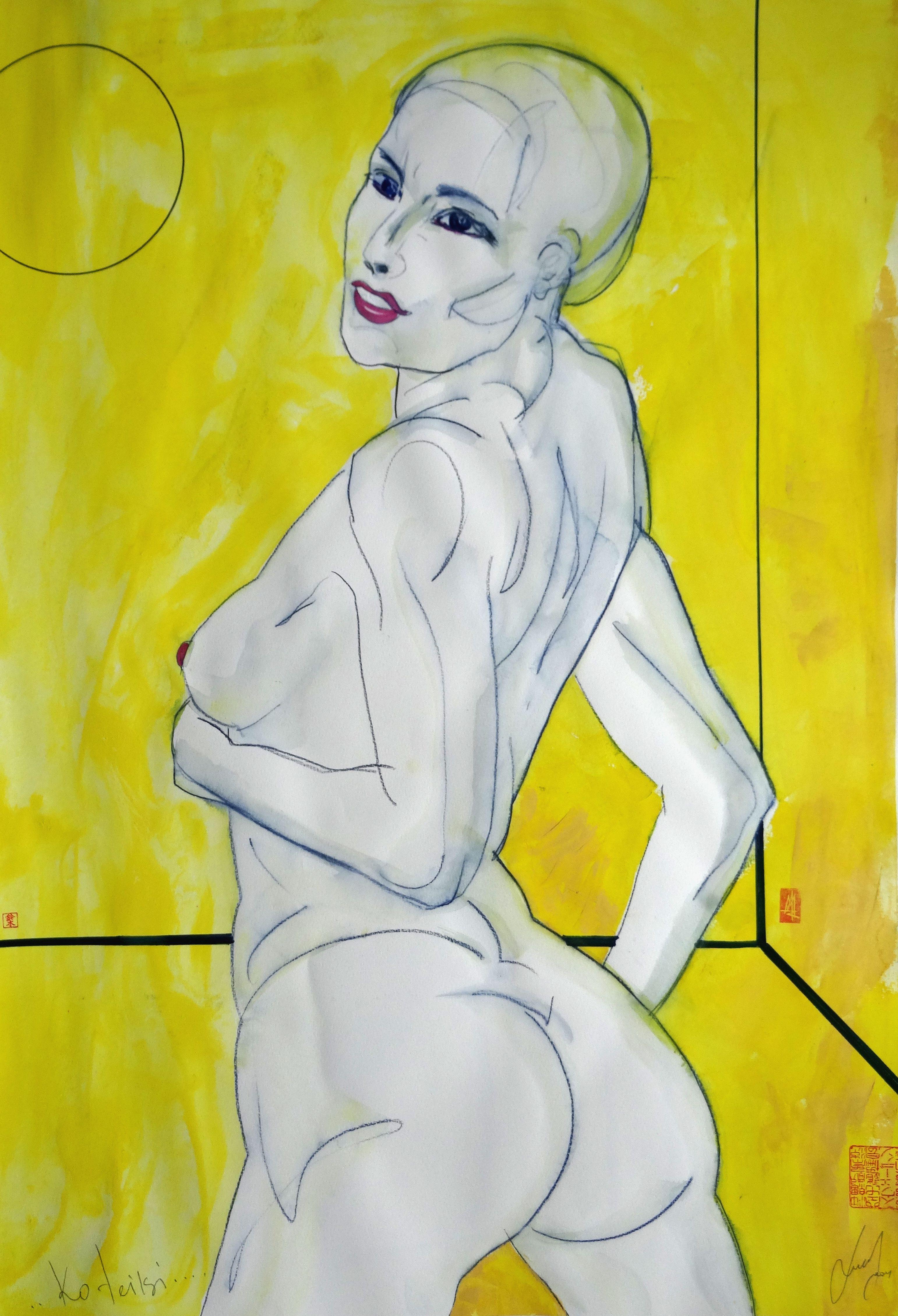 Maris Abilevs  Nude Painting - What will you say? 2021. Paper, mixed media, 97x67 cm