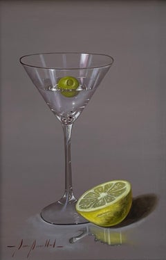 Martini du jour - Nature morte - Verre à martini avec olive et citron vert - Realist o/c