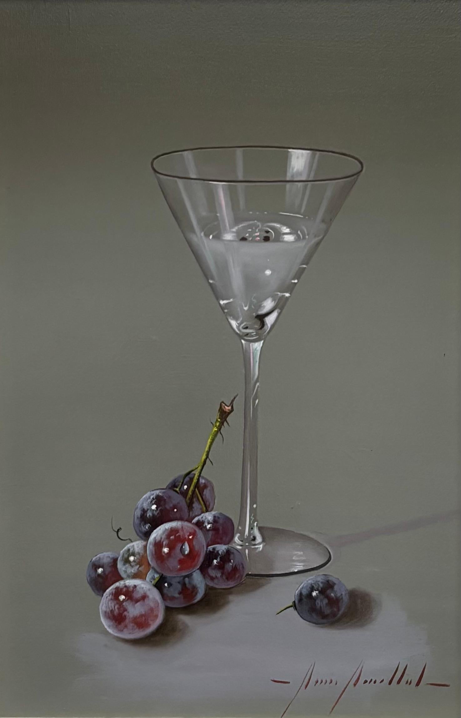 Still Life of Martini glass with grapes - oil/panel - Spanish Realist Artist