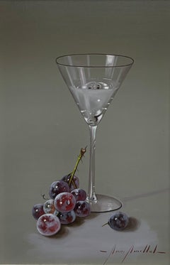Nature morte au verre de Martini avec des raisins - huile/panneau - Artistics Réalistes Espagnols