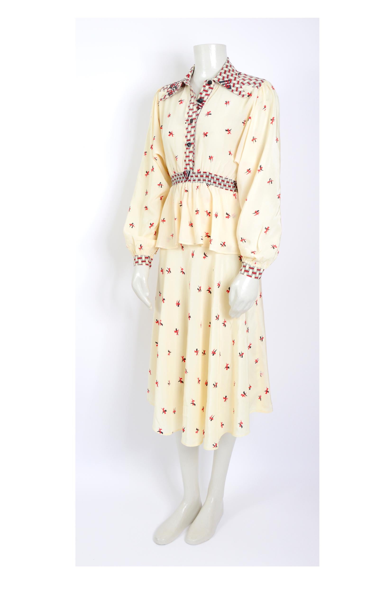 Marisa Martin of Knightsbridge is the designer of this stunning vintage 1970s silk crepe blouse and skirt ensemble, one of the esteemed designers of the British Boutique movement of the 1970s. She had her own boutique in the Harrods Designer Room