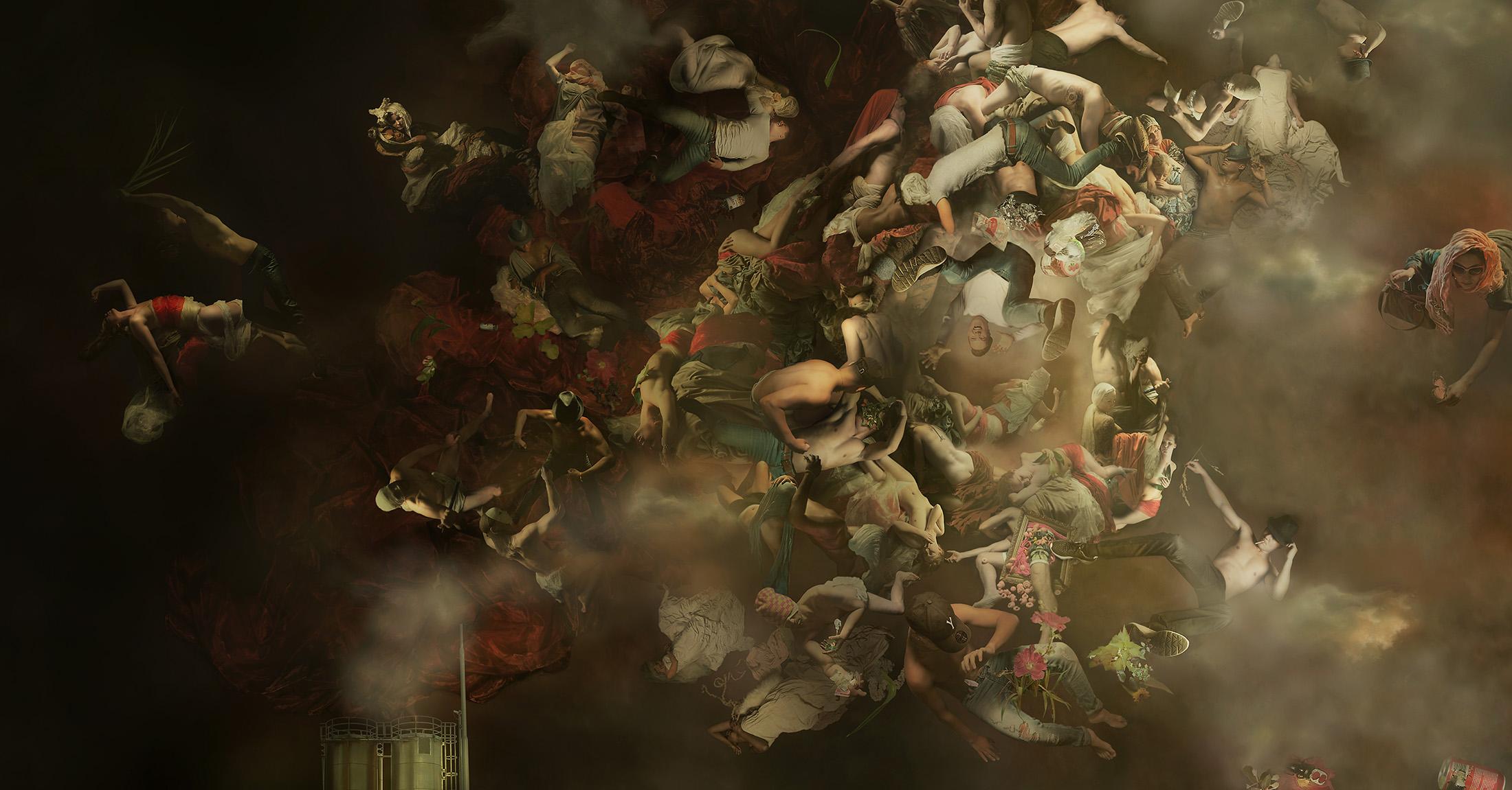 "Climatechange" (2021) de Marisko Karto es un fotocollage sobre metal que mide 25 x 48 pulgadas sin enmarcar.

