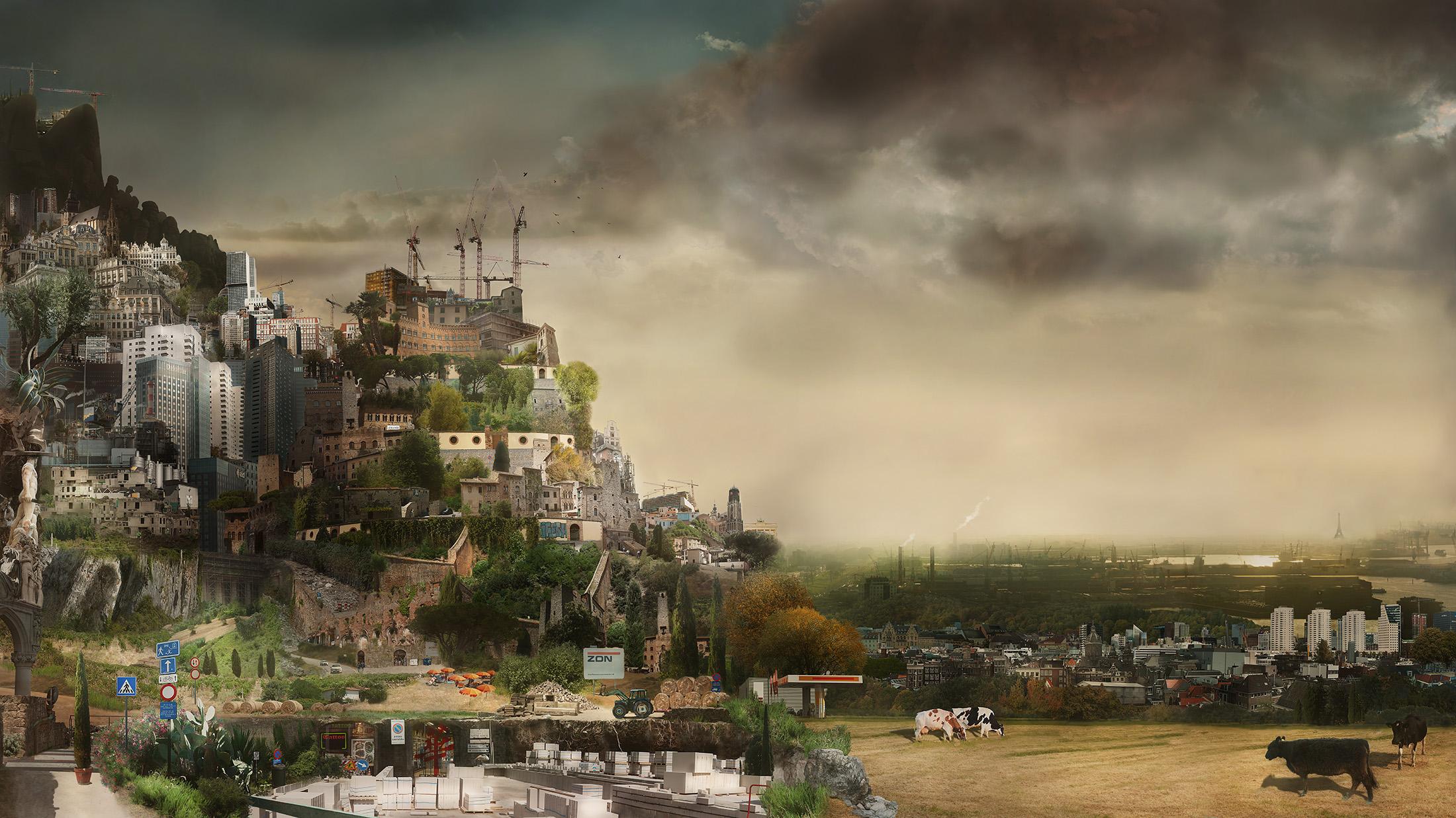 "Europa" (2018) by Marisko Karto is a photocollage on metal that measures 27 x 48 inches unframed.
