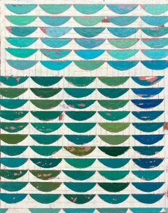 "Along the Coast" abstract encaustic painting of half circles in shades of blue