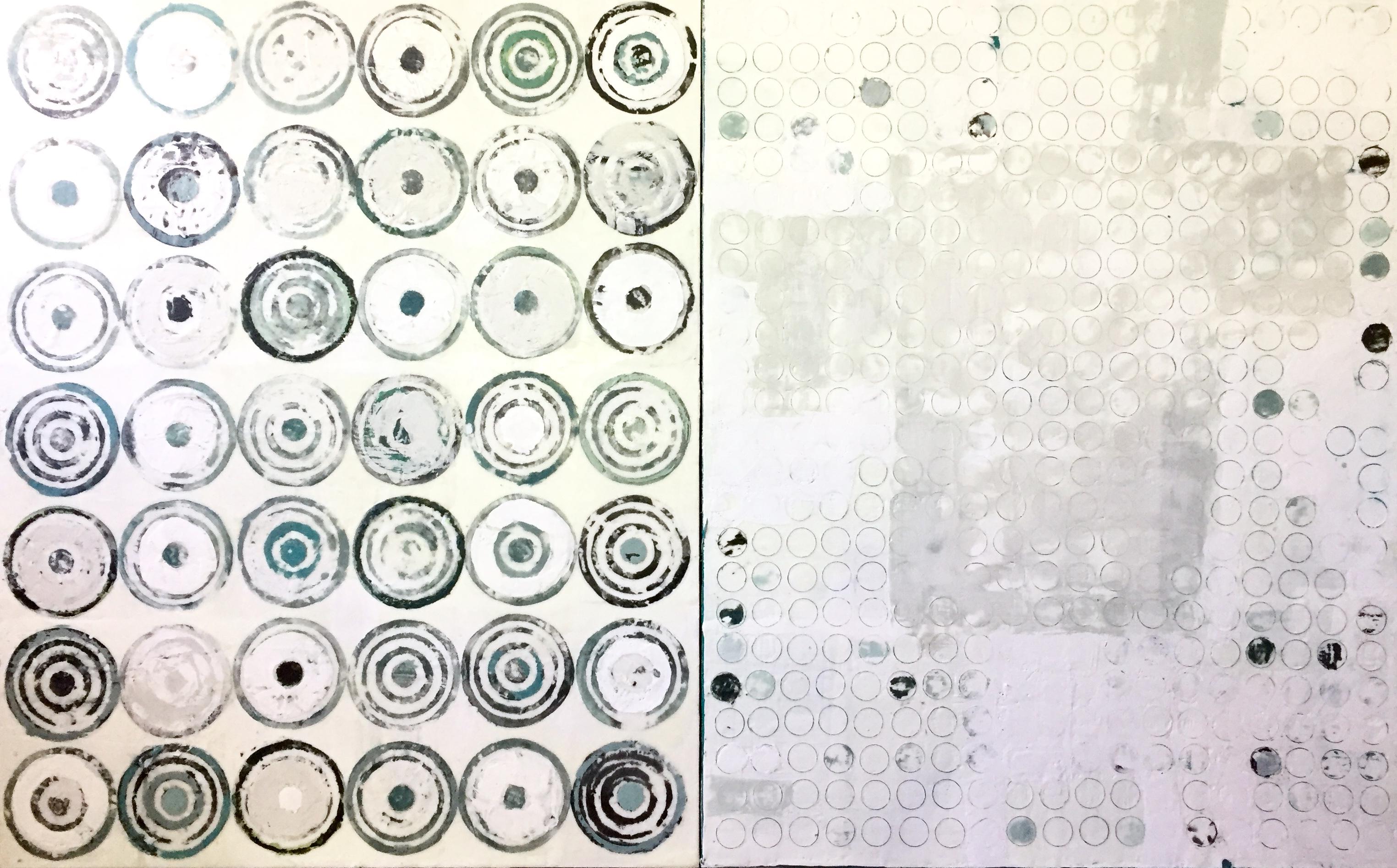 Marissa Voytenko Abstract Painting - "Around and Around We Go" White and Green Abstract Encaustic Diptych Painting