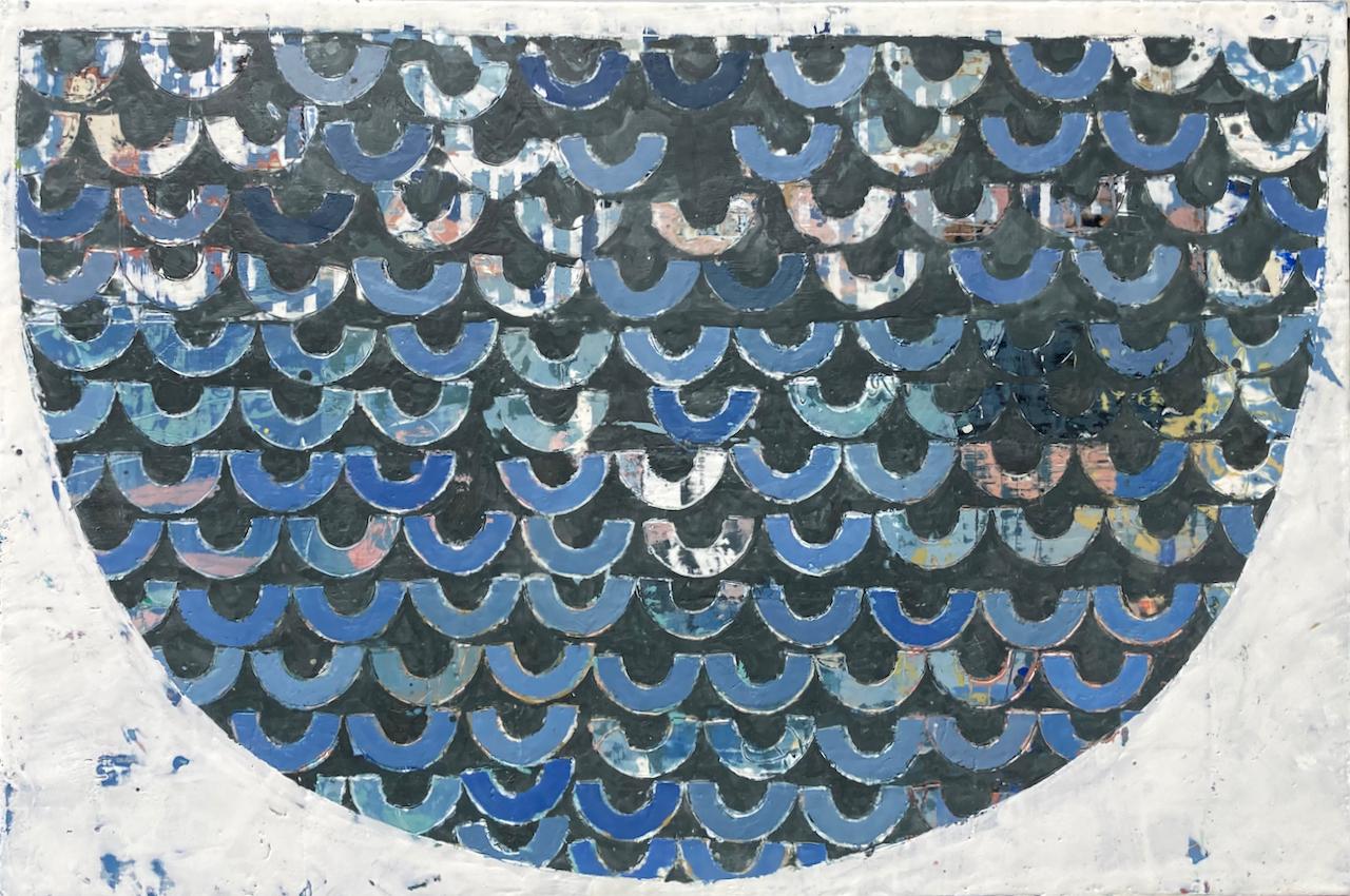 Peinture abstraite à l'encaustique « Held » représentant des formes courbes en bleu, bleu et blanc