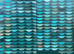 "In Still Slumber" encaustic abstract painting of half circles in shades of teal