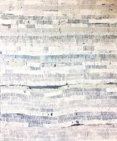"Looks Like Kindness" Abstract encaustic painting with white, blue, grey pattern