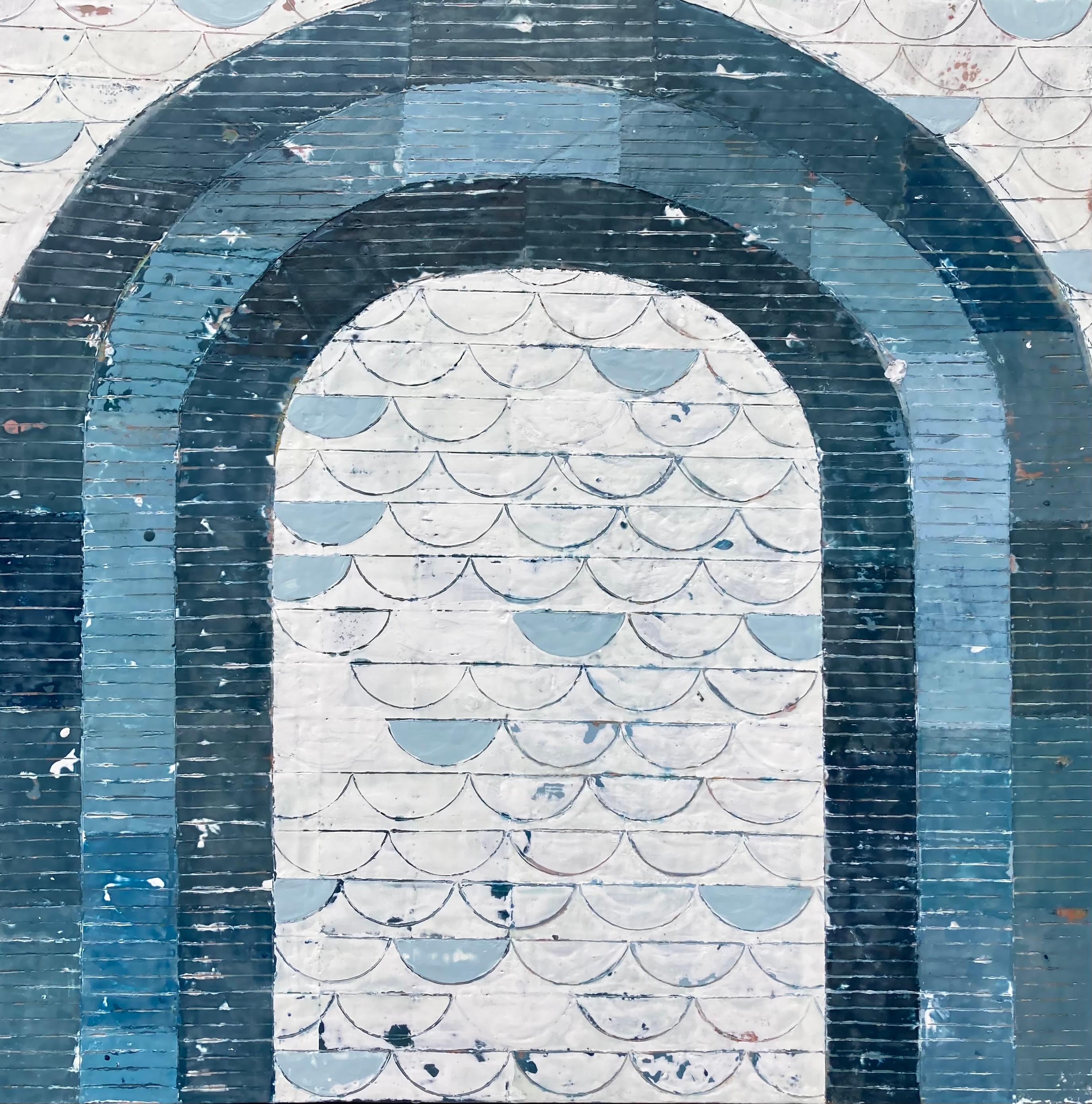 Marissa Voytenko Abstract Painting - "On the Other Side" Blue and white abstract arch with half circle accents.