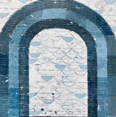 "On the Other Side" Blue and white abstract arch with half circle accents.