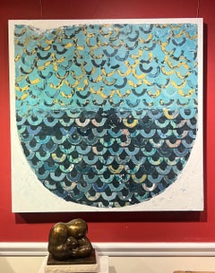 "On the Shores of Ostia" Abstract deep blue and cyan work w/ half circle accents