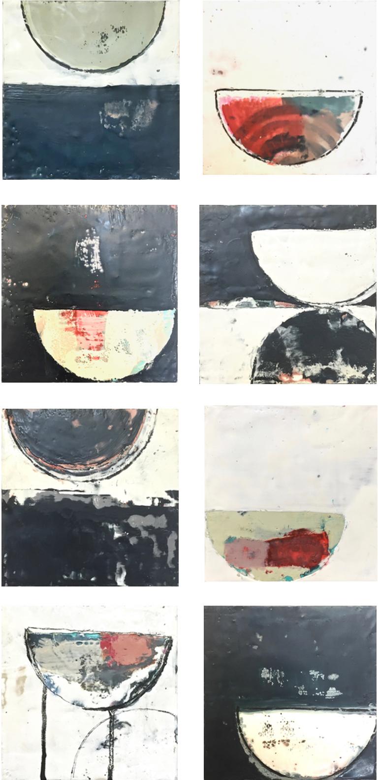 Marissa Voytenko Abstract Painting - "Rise" Eight abstract encaustic paintings in black, white and reds