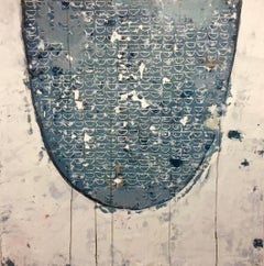 "Starting Again" abstract encaustic painting with dark blue and white