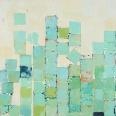"Trituration" Abstract encaustic painting with white, turquoise, green squares