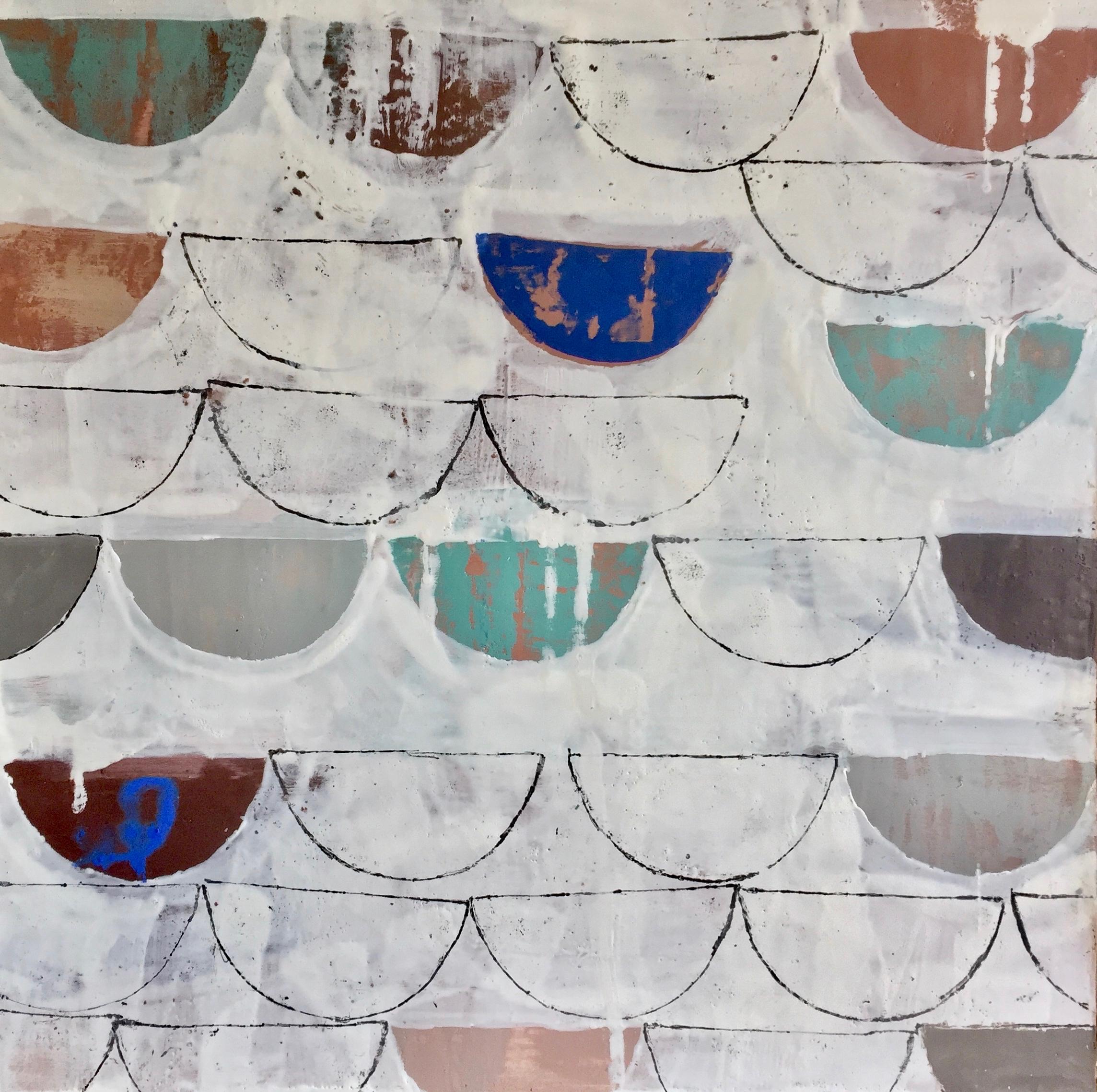 Marissa Voytenko Abstract Painting - "What the Tide Brought In" Encaustic painting, half circles, neutral, blue/green