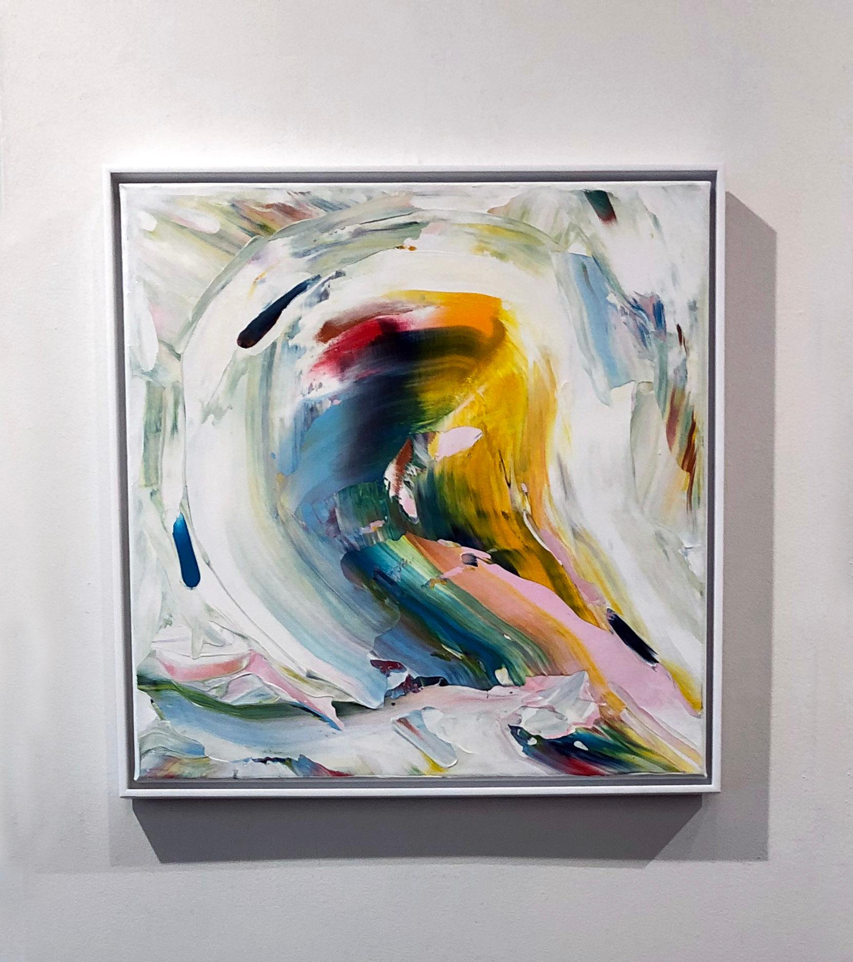 'Wait For Me II ' from the Made In New York series, 2020 by Norwegian artist, Marit Geraldine Bostad. Acrylic on canvas, 21 x 21 in. Departing from her usual palette of warm, Nordic colors, Bostad’s painting features an explosion of vivid colors.