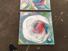 Backwards acrylic paint signed canvas abstract art investment green cream red