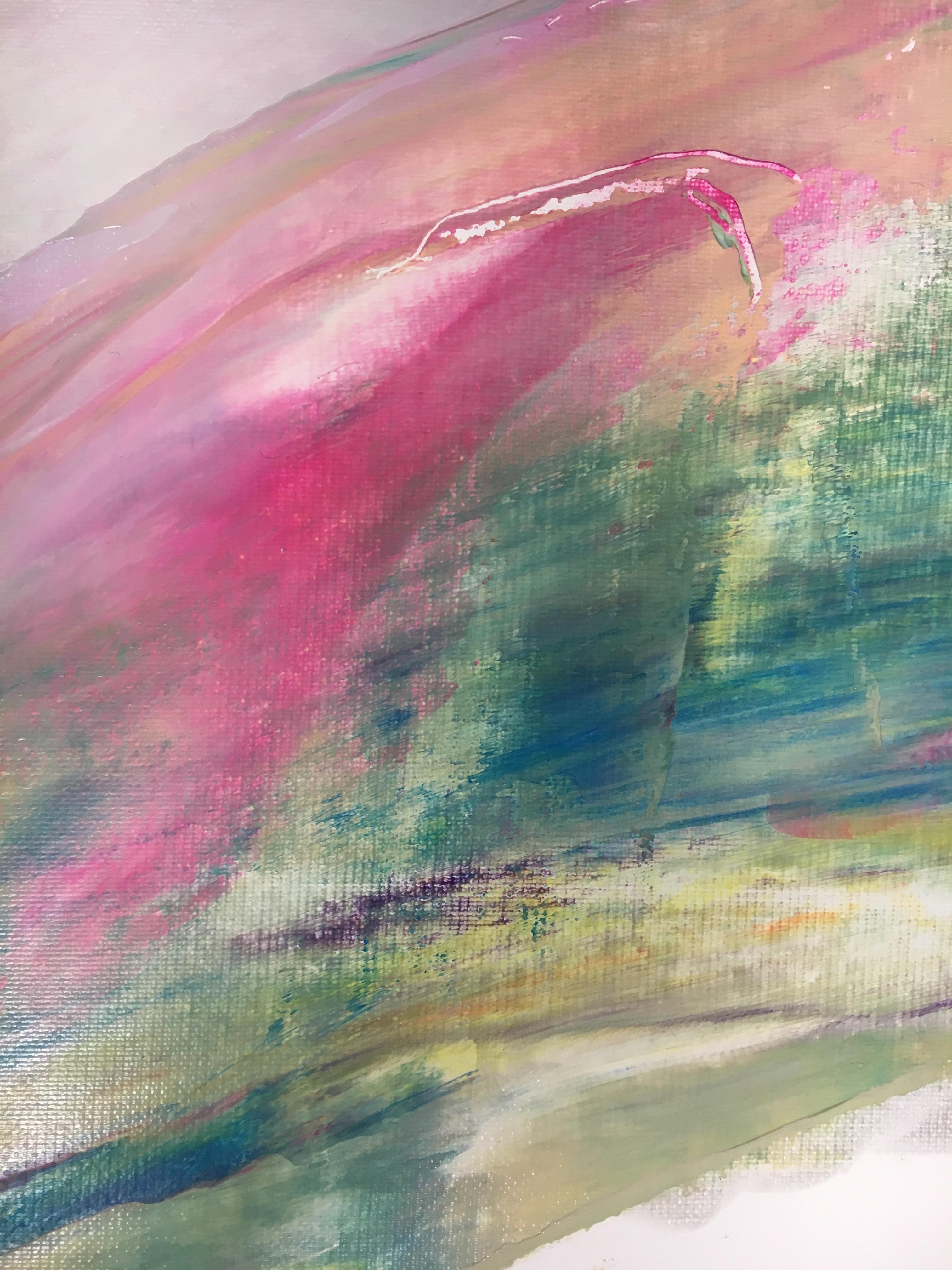 Inside of Spring acrylic paint signed canvas abstract art investment green pink - Abstract Art by Marit Geraldine Bostad