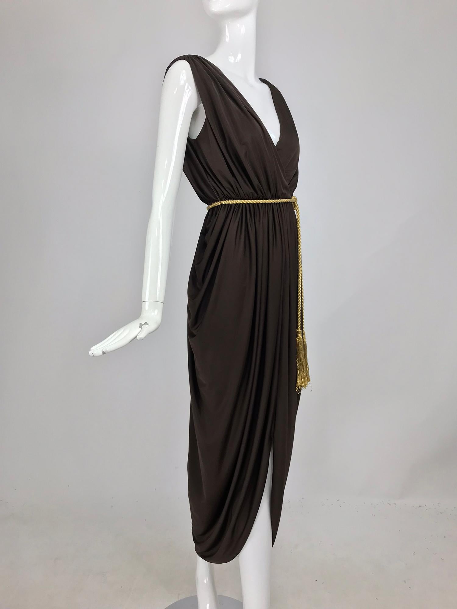 Marita by Anthony Muta plunge neck jersey petal hem maxi dress 1970s NWT. This is such a great dress and perfect for warm climates, travels well too. Silky chocolate brown jersey dress with deep front and back plunge, the dress is gathered at each