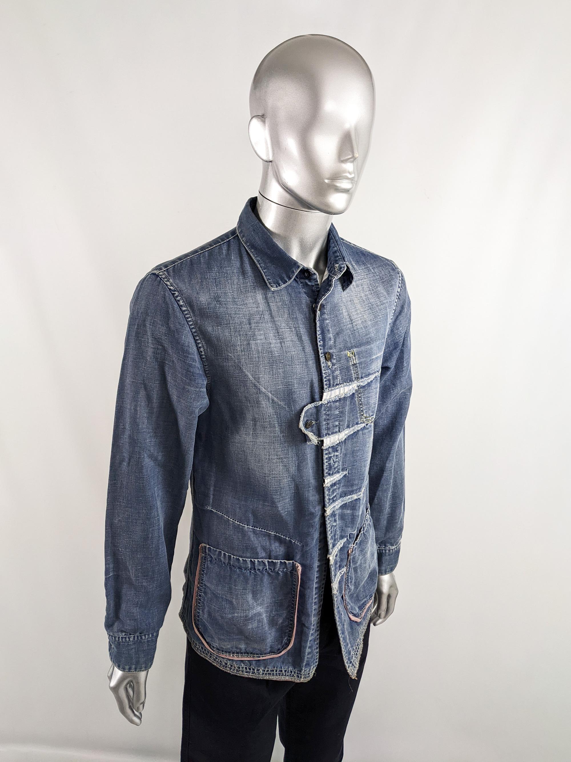 Gray Marithé & Francois Girbaud Vintage Mens Blue Denim Deconstructed Jean Jacket
