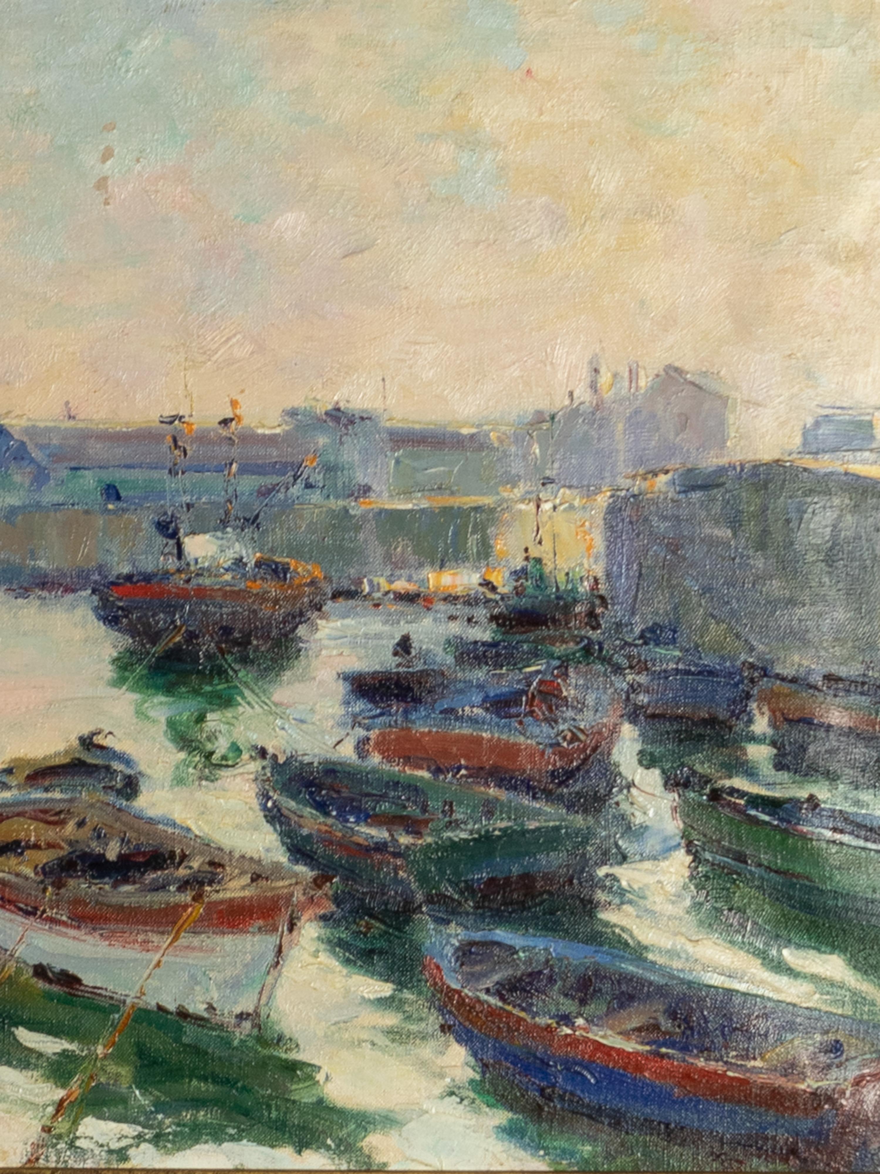 Gemälde einer maritimen Hafenszene, Jaime Murteira, Portugiesische Schule, 20. im Angebot 6