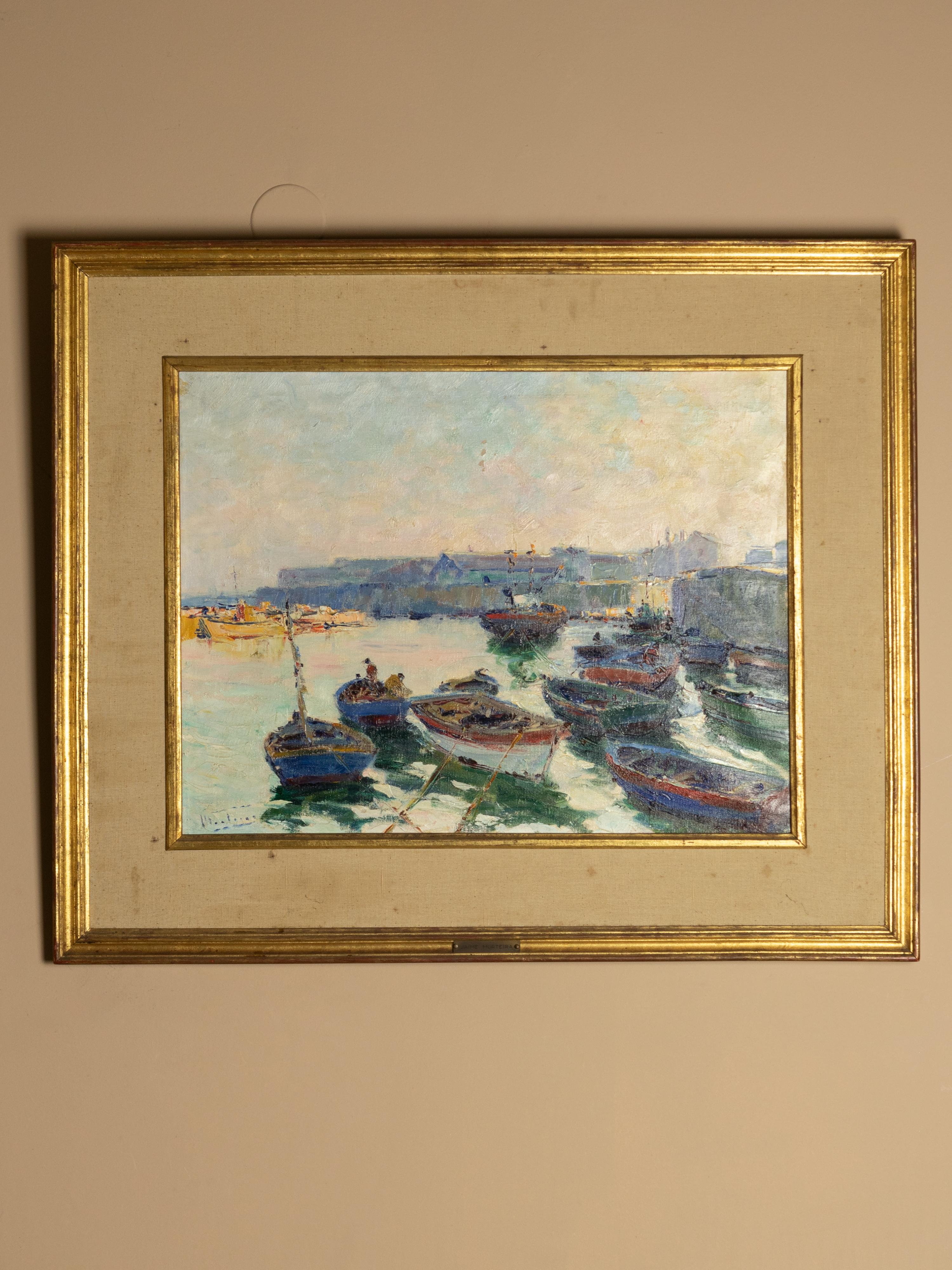 Gemälde einer maritimen Hafenszene, Jaime Murteira, Portugiesische Schule, 20. im Angebot 2