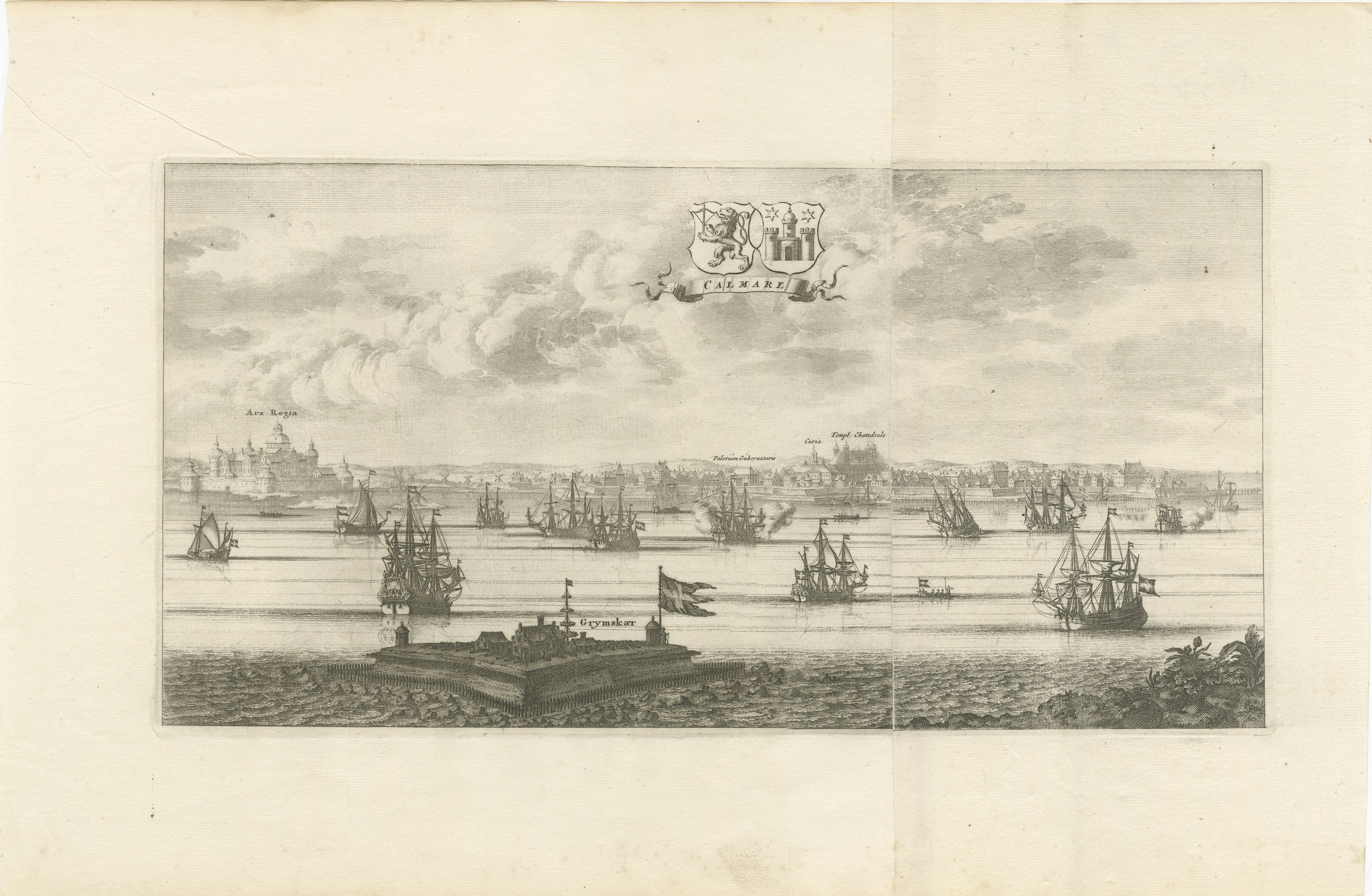 The engraving depicts the city of Kalmar, a historically significant city on the east coast of Sweden. This panoramic view captures the bustling port and the city's skyline during the late 17th to early 18th century. It's part of 